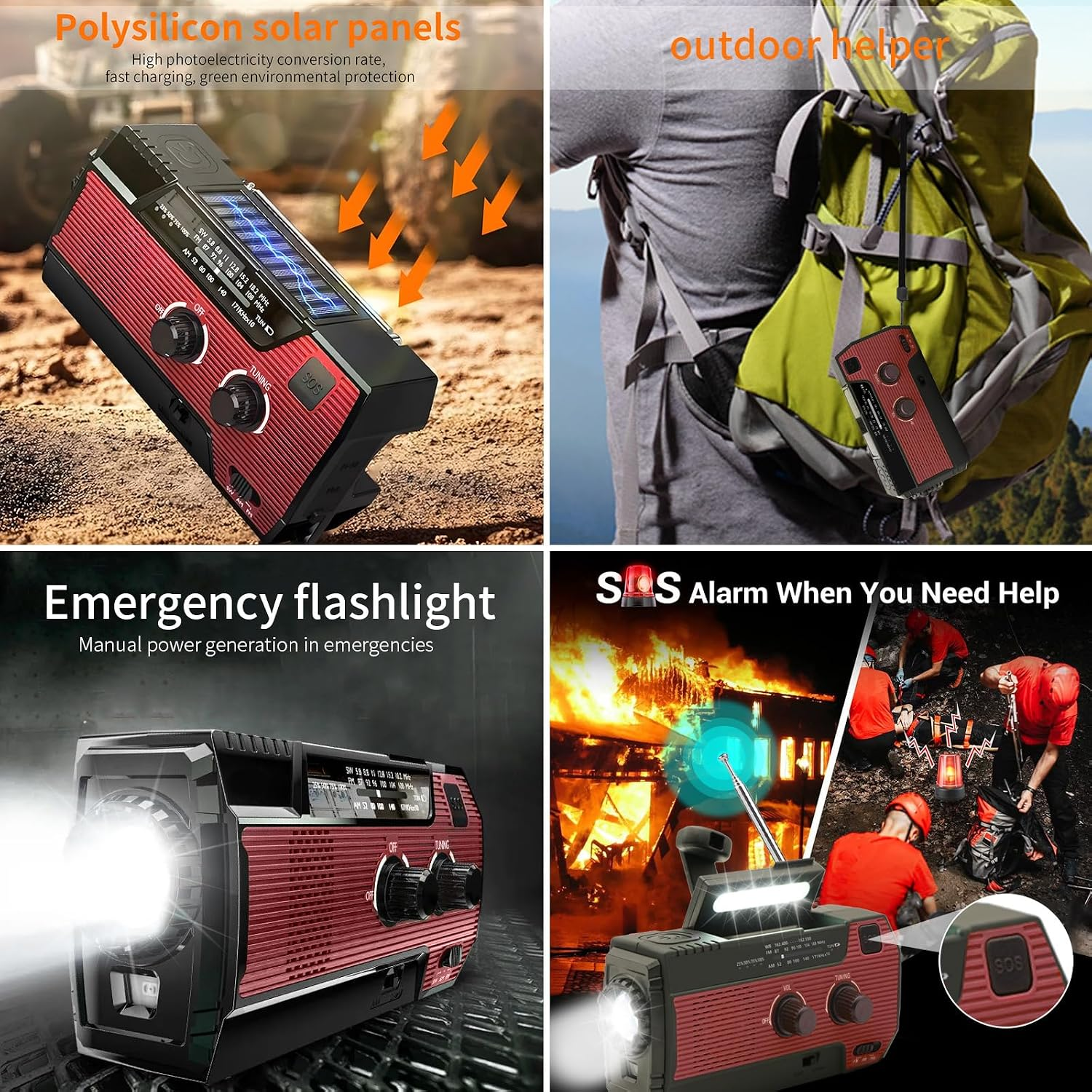 Notfallradio mit Solarmarkt, Taschenlampe und SOS-Alarm.