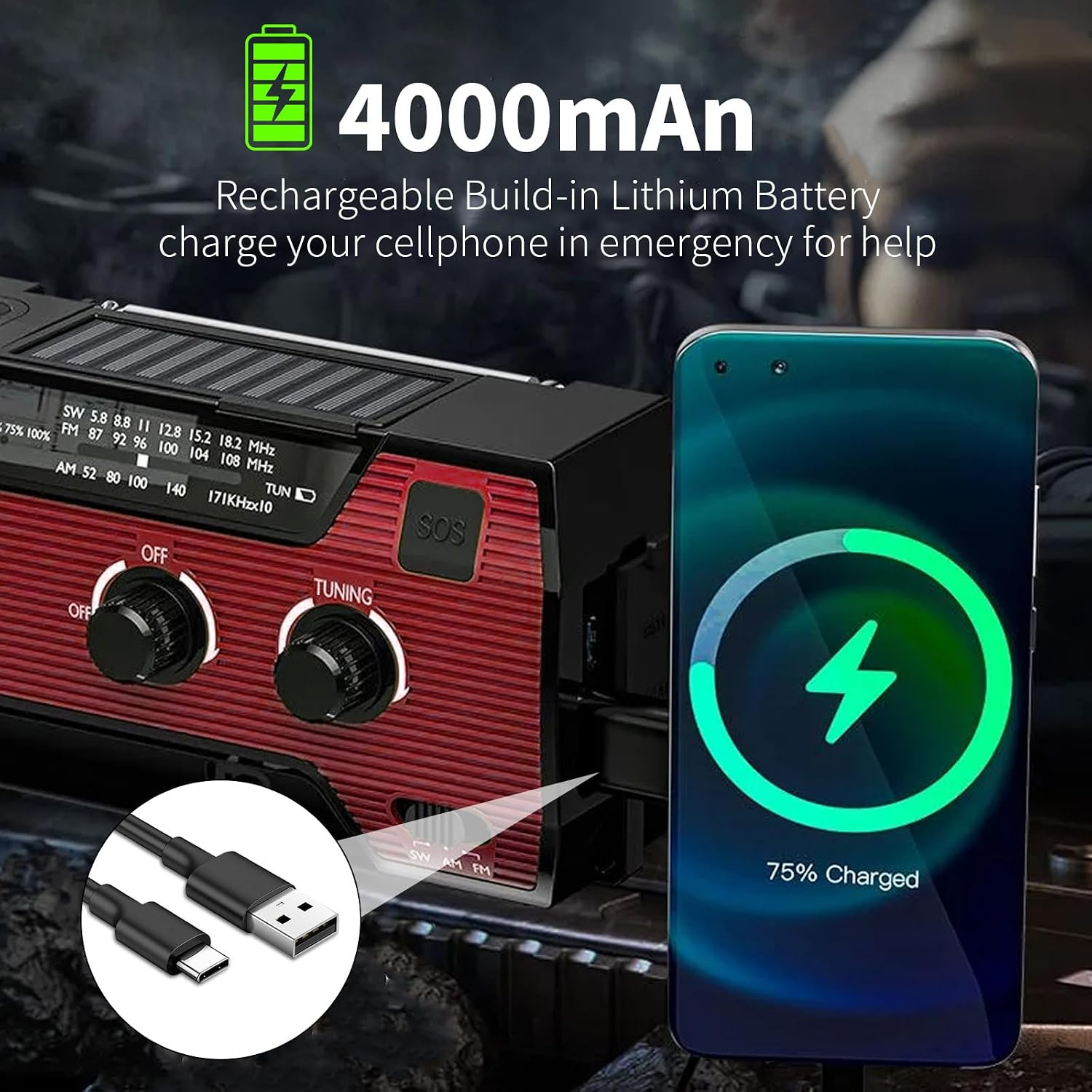 Notfallradio mit integriertem 4000mAh Akku lädt ein Smartphone auf.