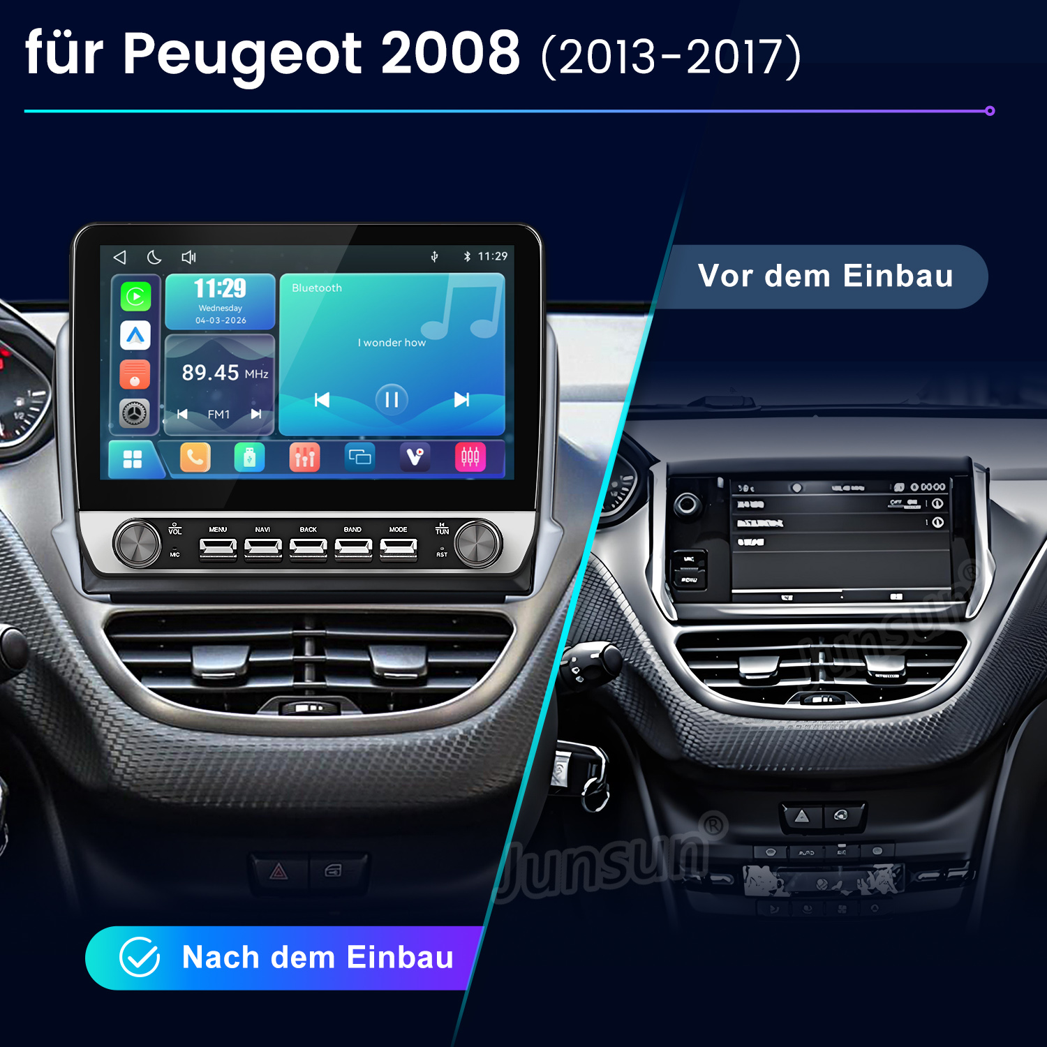 Vergleich Peugeot 2008 Dashboard vor und nach dem Einbau eines modernen Multimediasystems.
