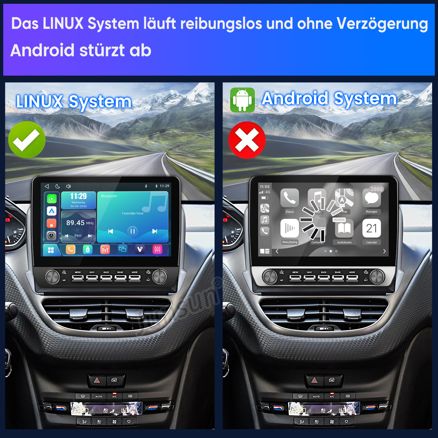 Vergleich zweier Autosysteme: Linux läuft reibungslos mit grünem Haken, Android stürzt mit rotem Kreuz ab.