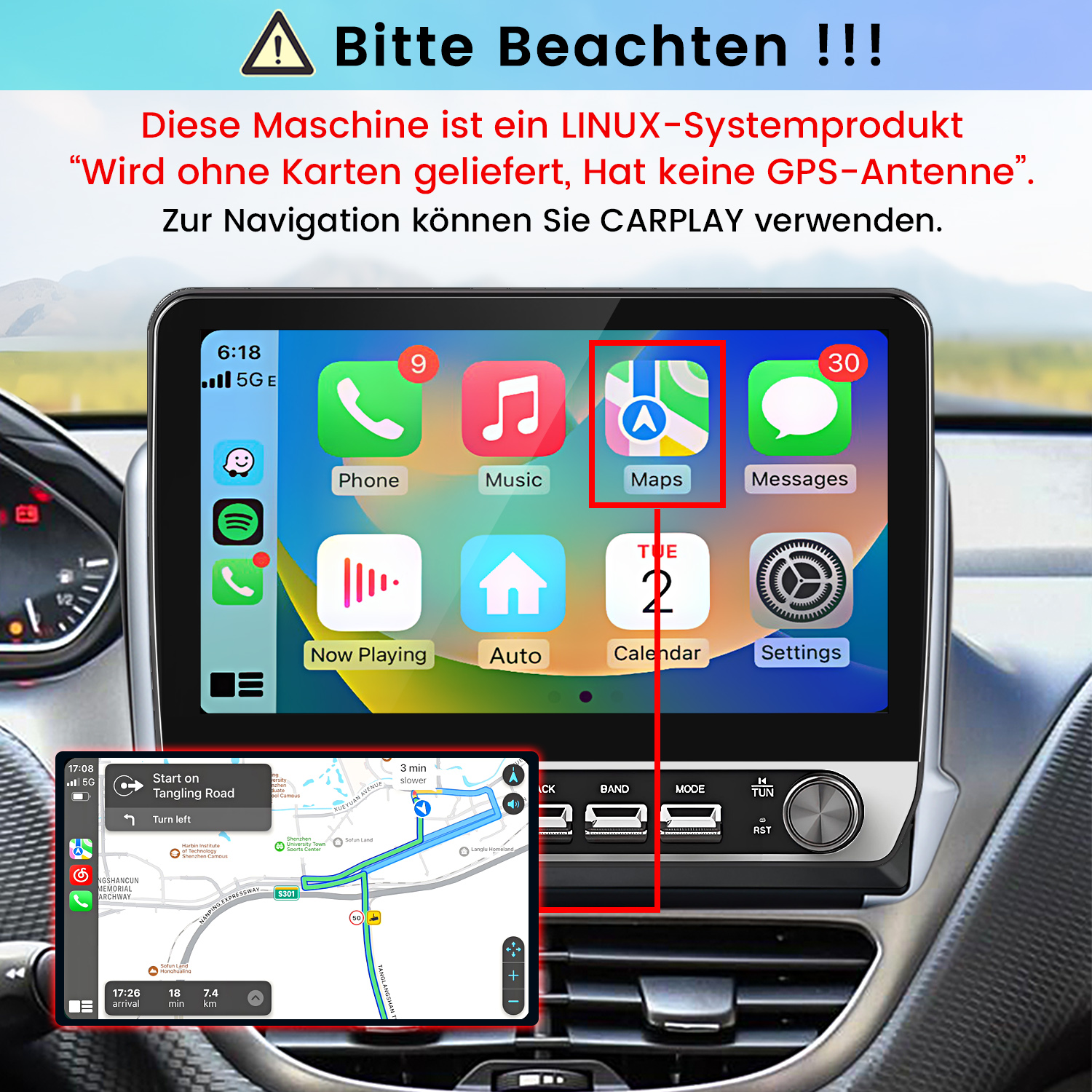 Ein Auto-Touchscreen zeigt Apple CarPlay mit hervorgehobener Maps-App und deutschem Text zur Linux-Navigation.
