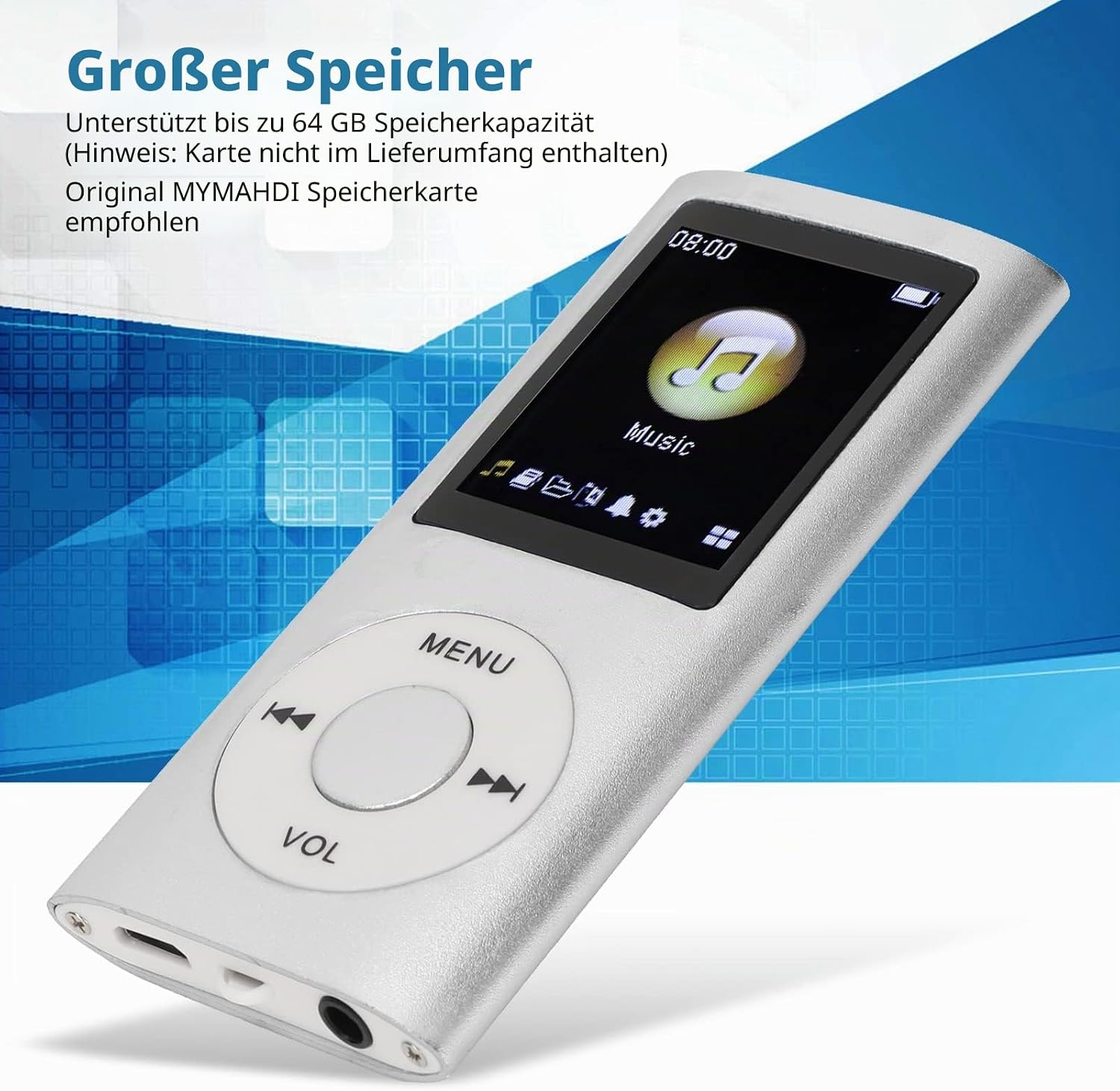 Ein silberner MP3-Player mit runden Steuertasten und Musik-Bildschirm vor blauem Hintergrund.