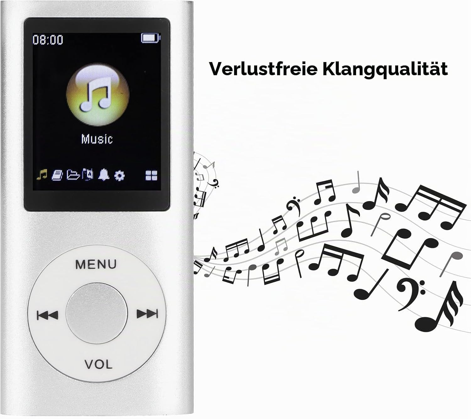 Silberner MP3-Player mit Musik-Symbol und Notenlinien.
