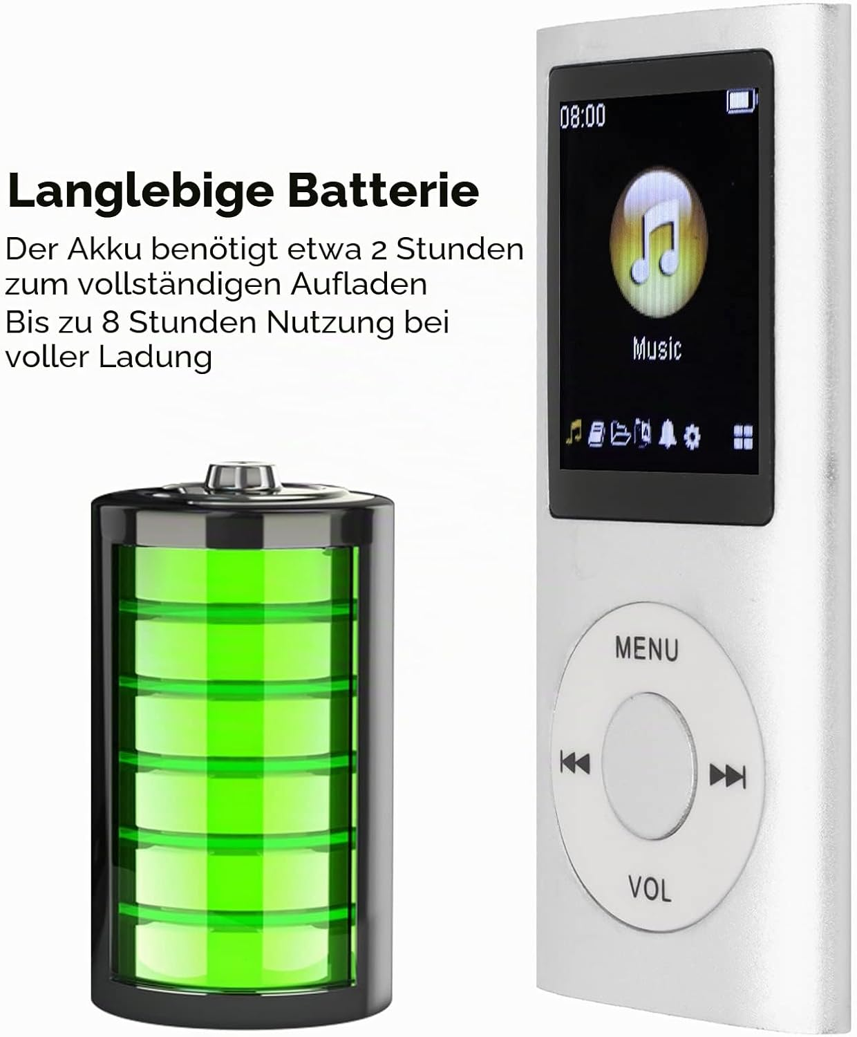 Ein weißer MP3-Player und eine Batterie mit grünem Ladebalken, begleitet von deutschem Text über die Akkulaufzeit.
