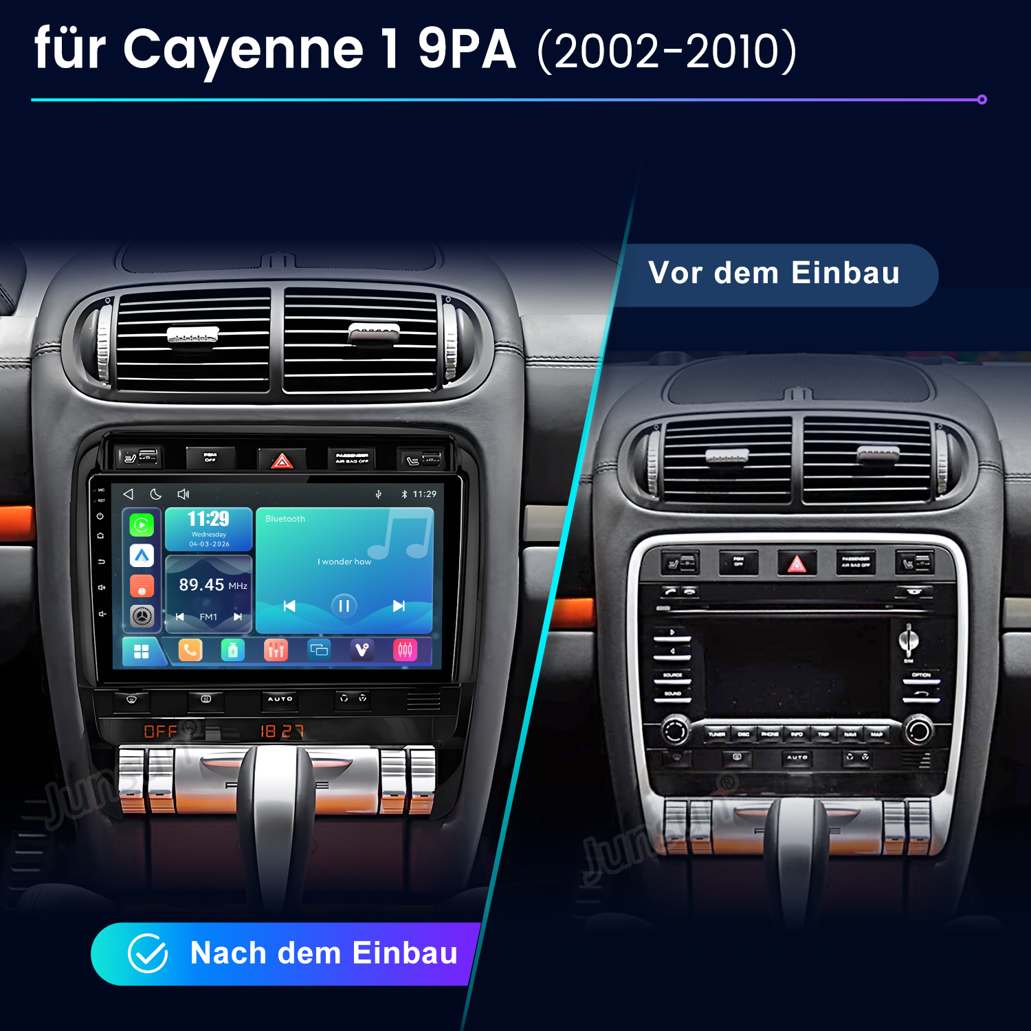 Vergleich der Autokonsole vor und nach dem Einbau eines neuen Navigationssystems.