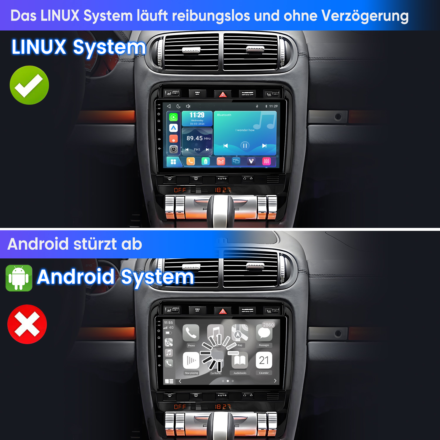 Vergleich zweier Autosysteme: Ein Linux-Bildschirm mit grüner Markierung und ein abgestürzter Android-Bildschirm.