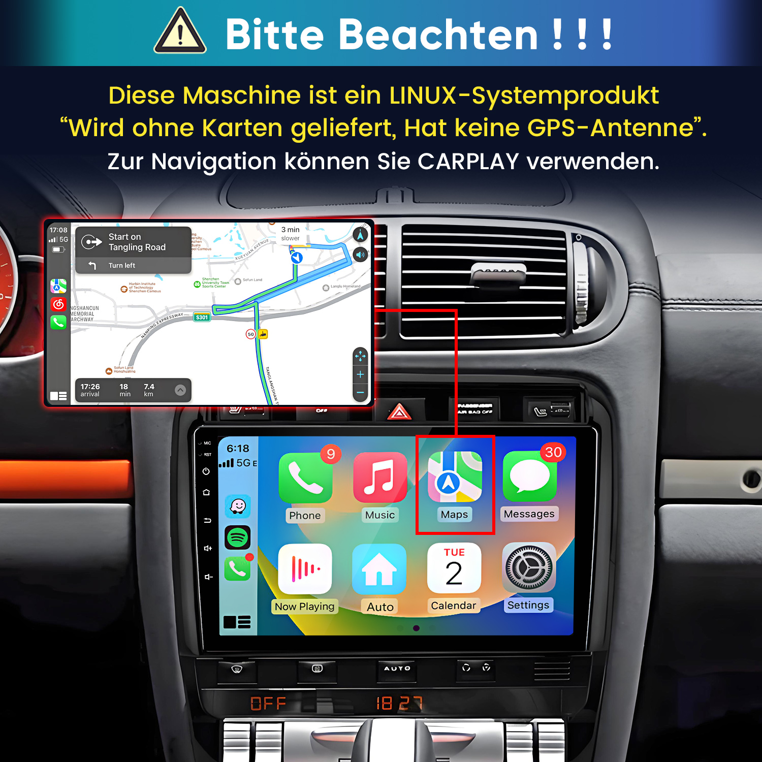 Linux-Autoradio mit Apple CarPlay und Navigation auf dem Display.