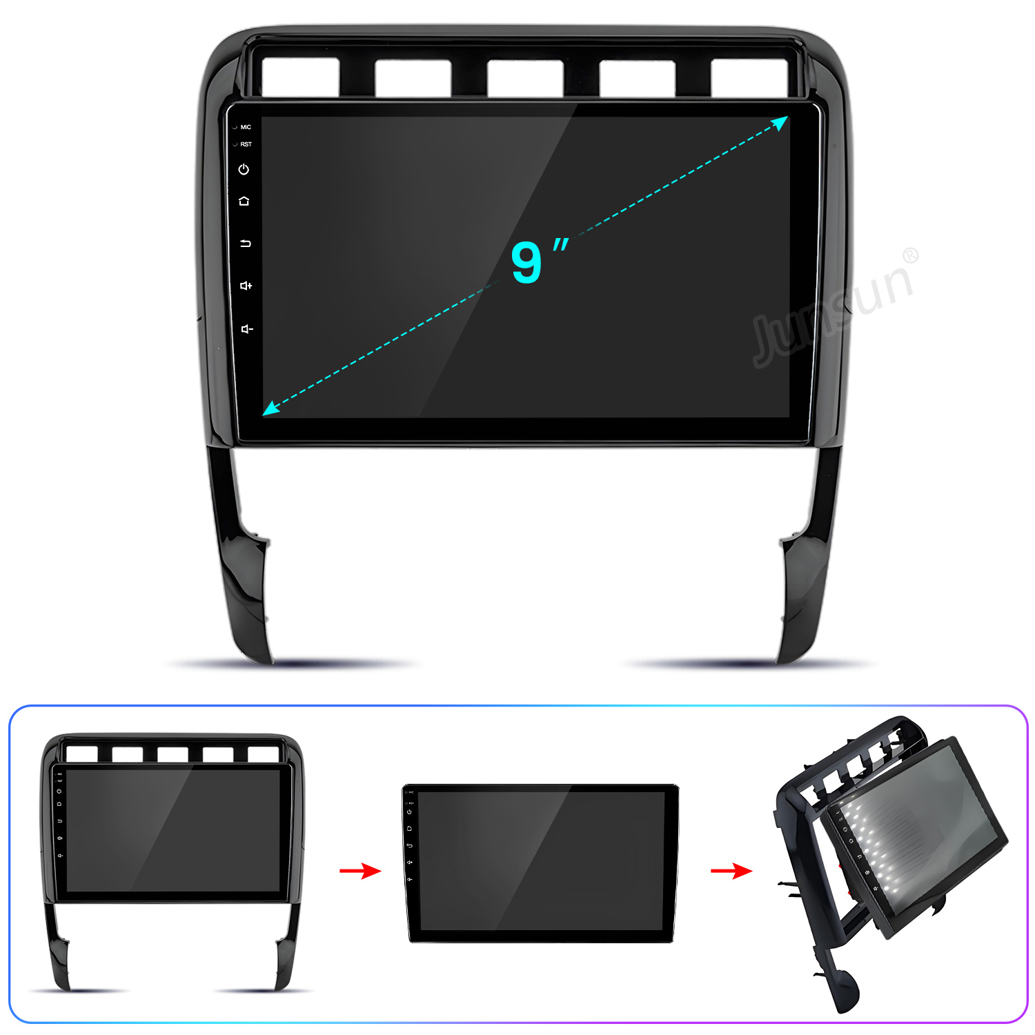 Ein schwarzes 9-Zoll-Autoradio mit Display und passender Armaturenverkleidung in drei Ansichten.