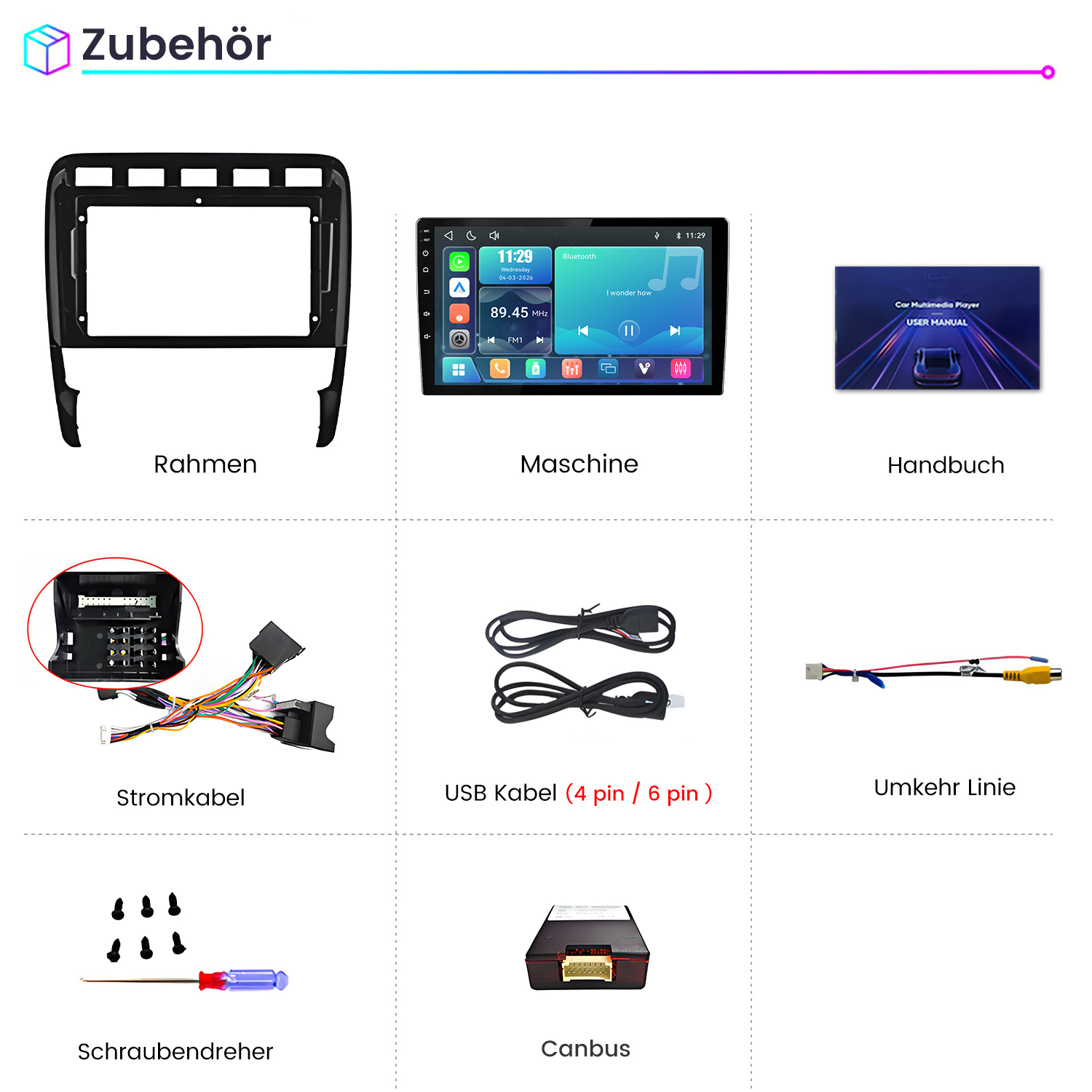 Zubehörteile für ein Auto-Multimediasystem wie Rahmen, Bildschirm, Kabel, Canbus und Schraubendreher.