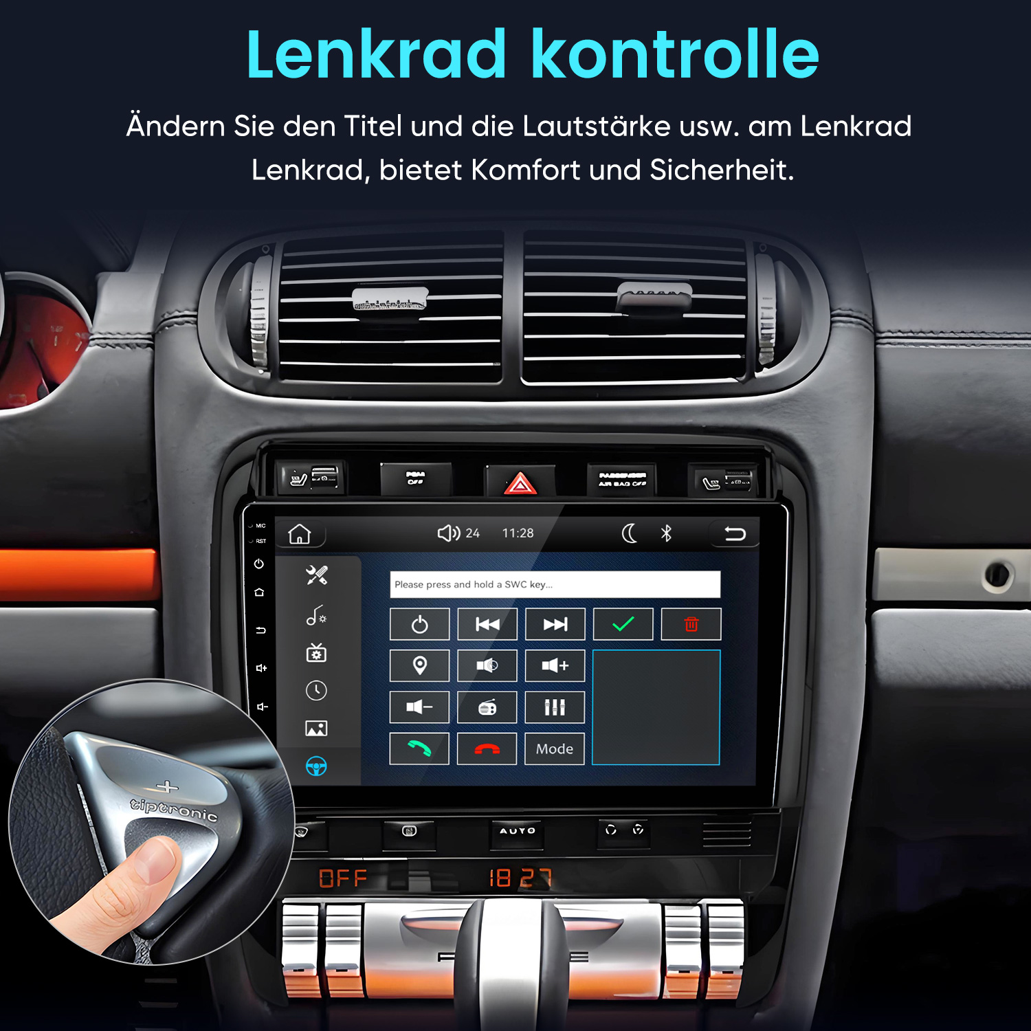 Autoinnenraum mit Touchscreen-Display und Detailansicht des Tiptronic-Lenkrads.