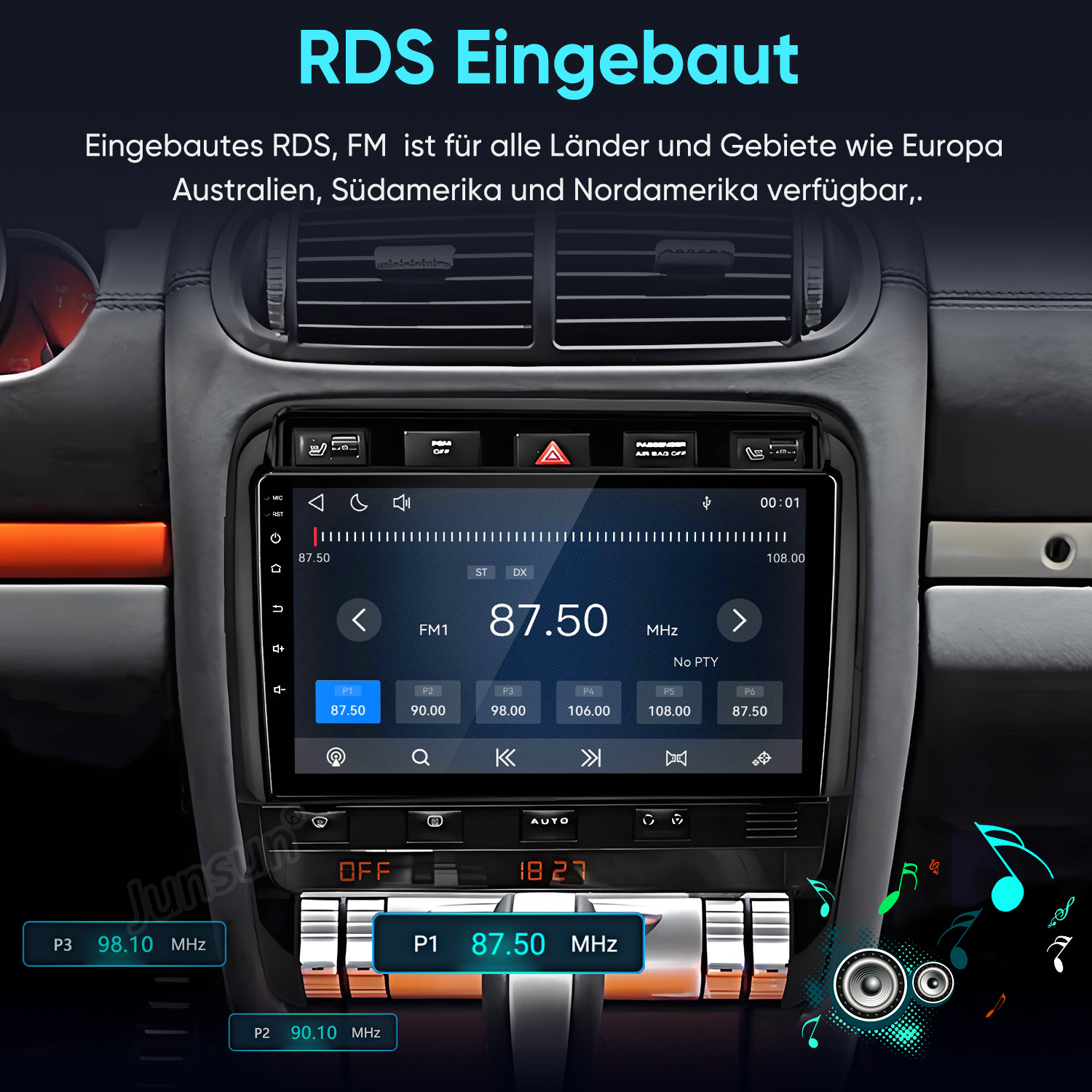 Auto-In-Dash-Multimedia-Display mit RDS-FM-Radio-Schnittstelle im Armaturenbrett.