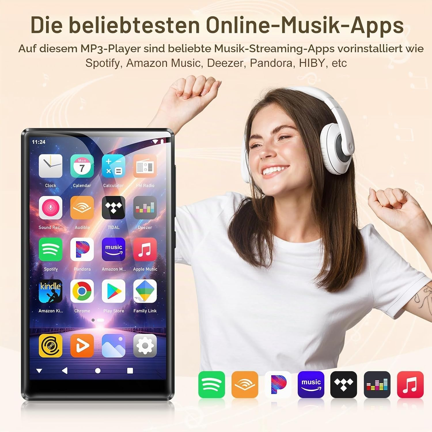 Eine lächelnde Frau mit Kopfhörern tanzt neben einem MP3-Player mit vielen Musik-Apps auf dem Bildschirm.