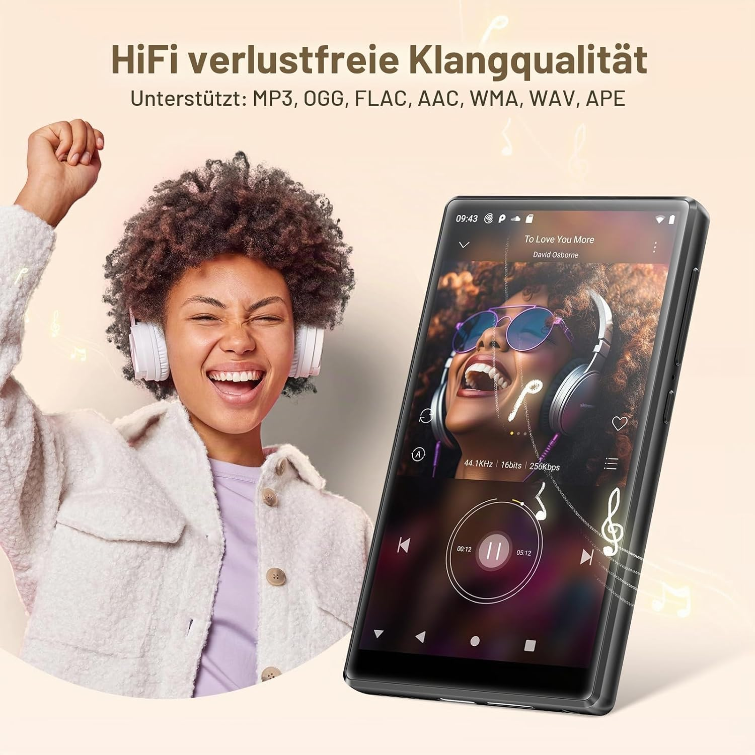 Eine Frau hört glücklich Musik über weiße Kopfhörer, während ein Musikplayer die Wiedergabe anzeigt.