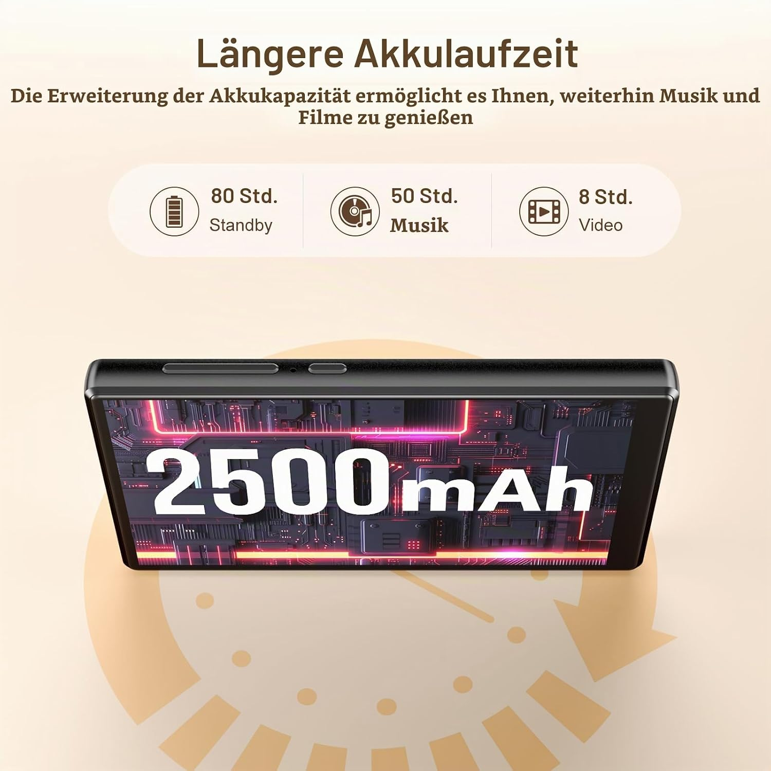 Produktbanner zeigt 2500mAh Akku, 80h Standby, 50h Musik und 8h Video.
