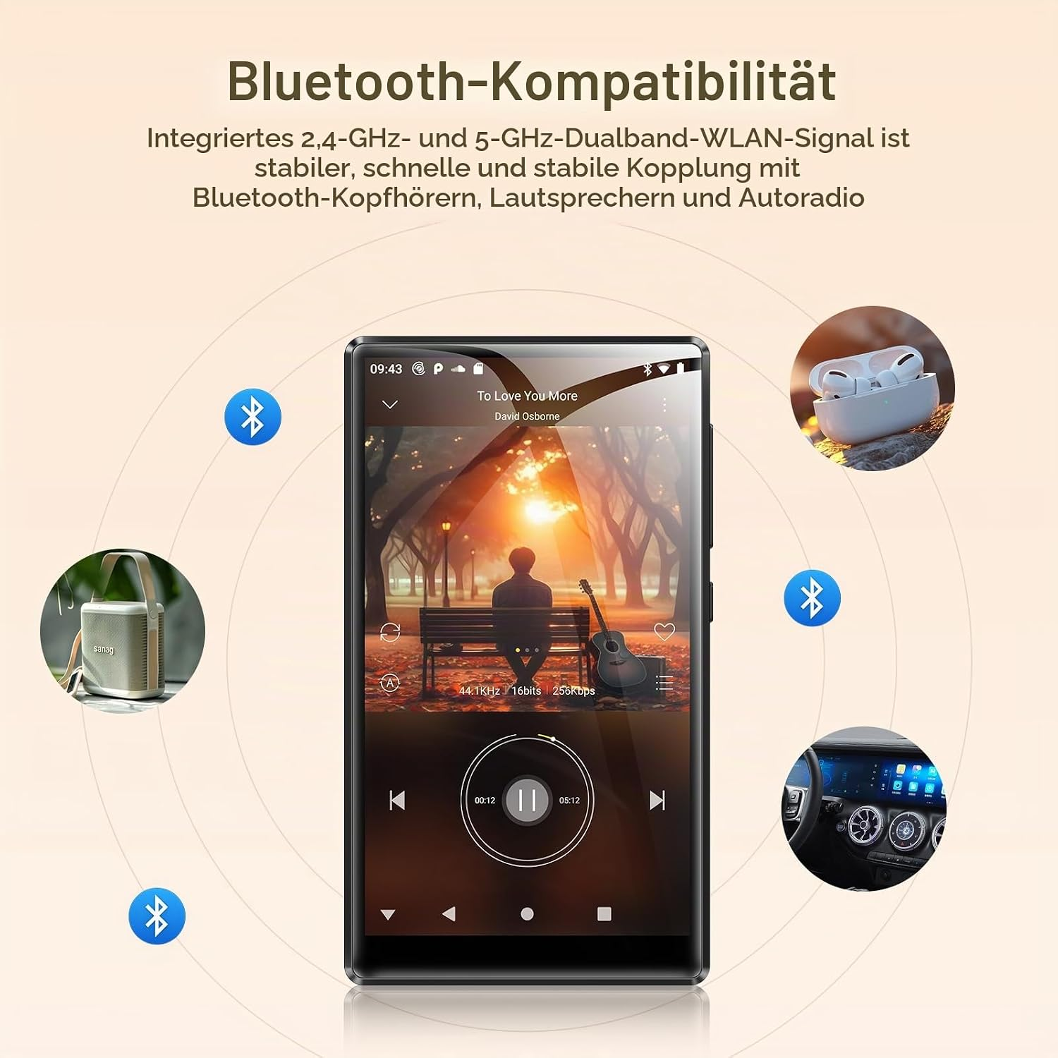 MP3-Player mit Bluetooth-Konnektivität zu Ohrhörern, Lautsprechern und Autoradio.