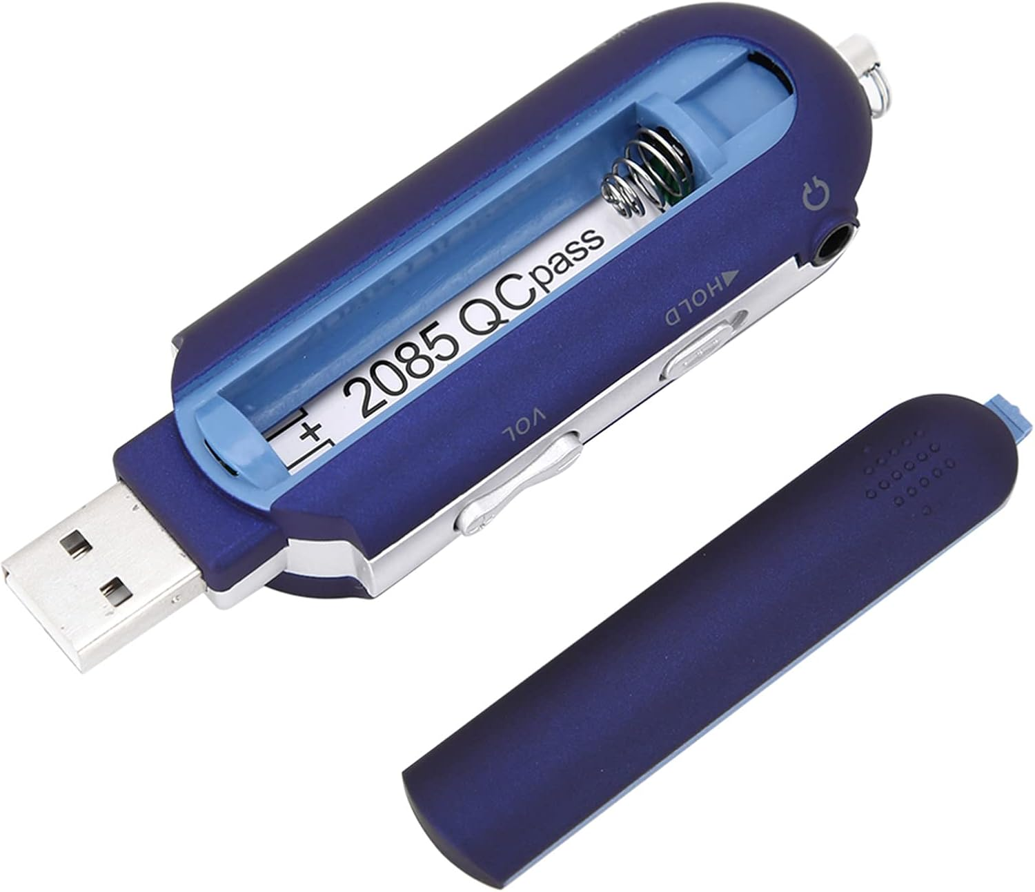 Ein blauer MP3-Player mit USB-Anschluss, offenem Batteriefach und abgenommener Abdeckung.