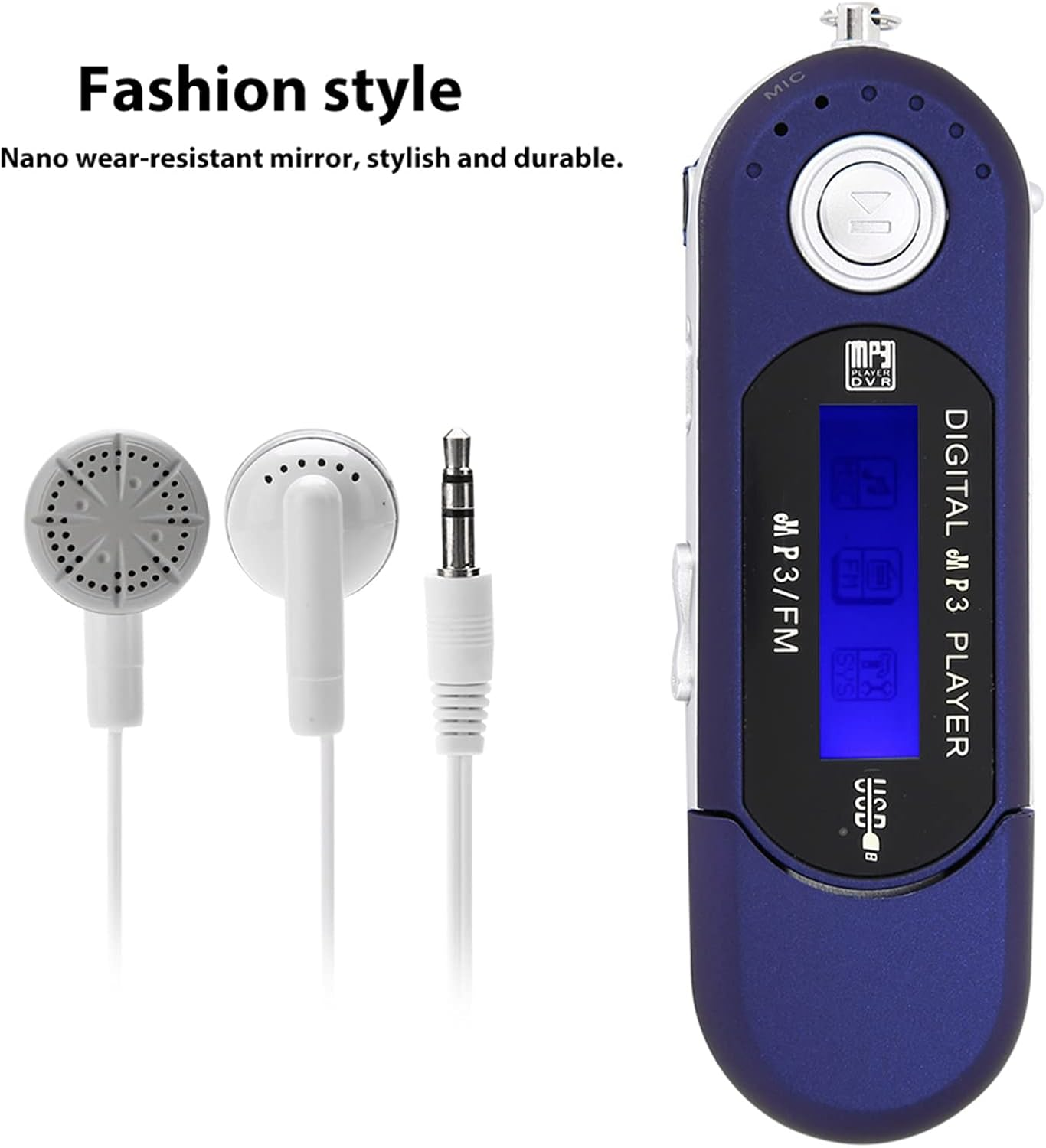 Ein blauer MP3-Player mit weißem Kopfhörer und Klinkenstecker auf weißem Hintergrund.