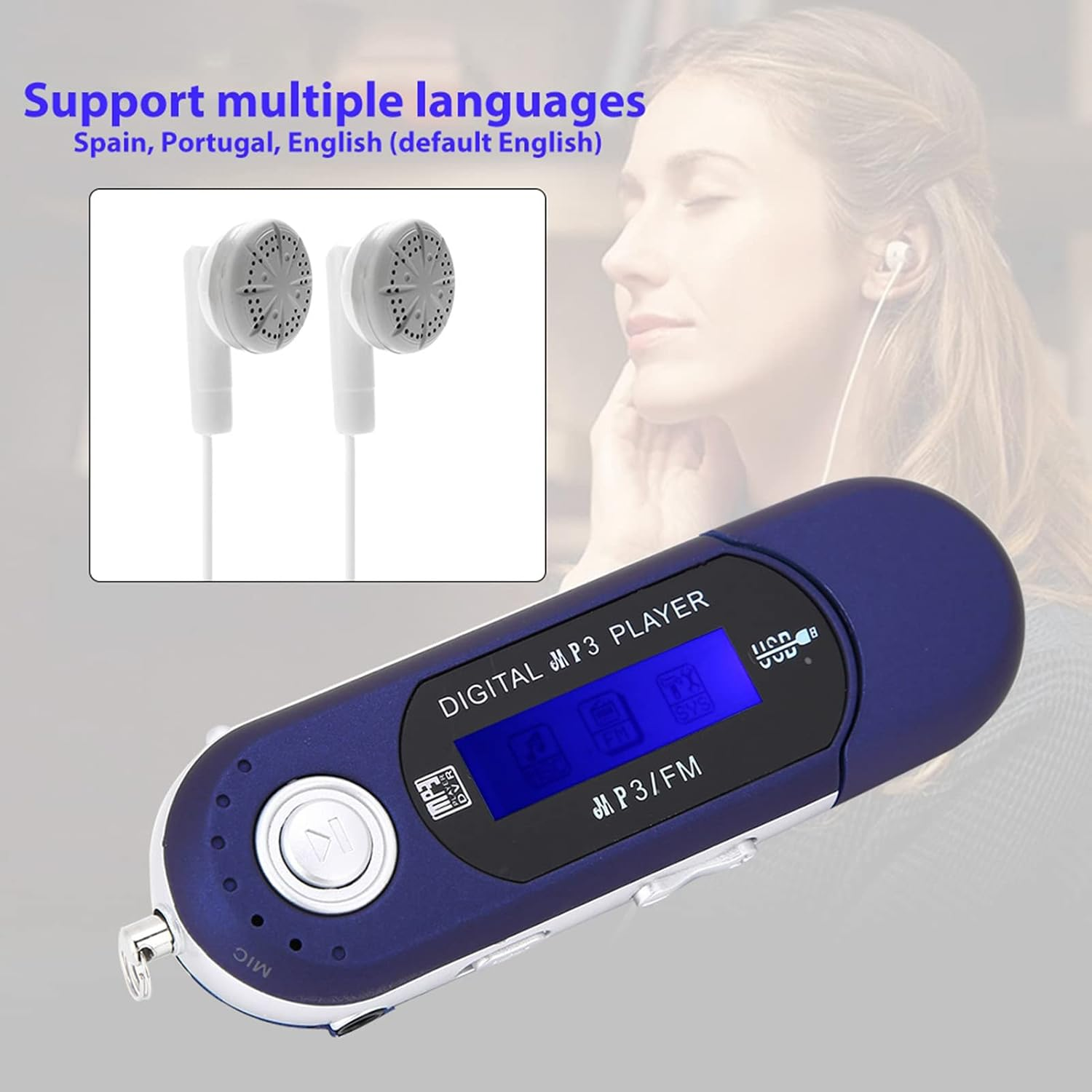 Ein blauer digitaler MP3-Player mit In-Ear-Kopfhörern und einer Frau im Hintergrund.