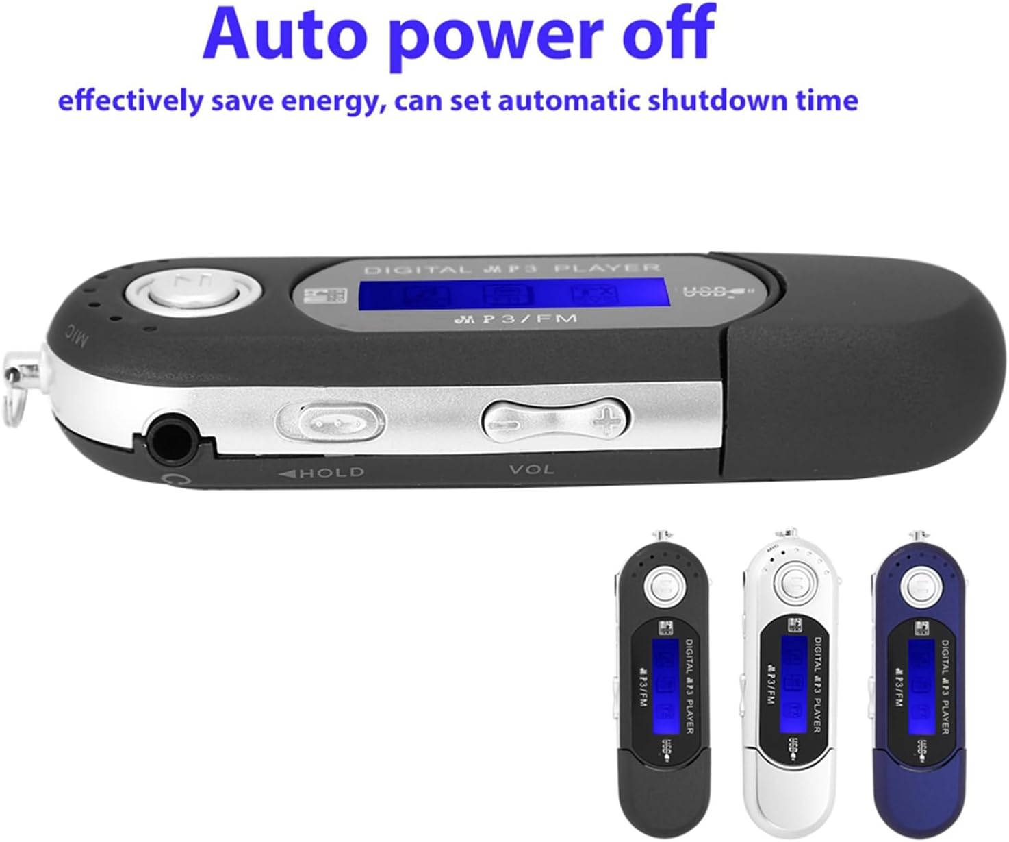 Ein schwarzer digitaler MP3-Player mit blauem Display, Seitenknöpfen und drei Farbvarianten unten.