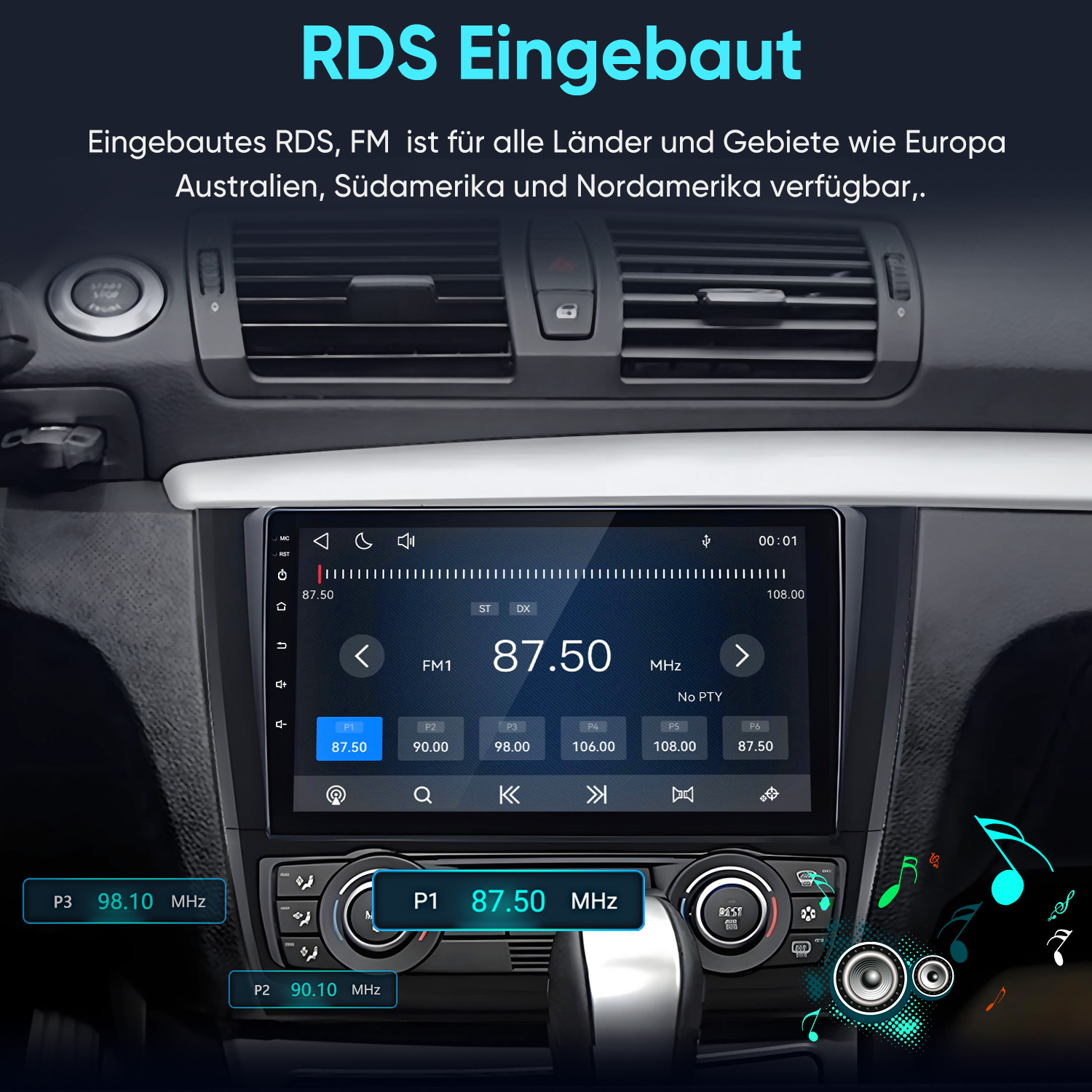 Ein Auto-Armaturenbrett mit integriertem Touchscreen-FM-Radio, das die Frequenz 87,50 MHz anzeigt.