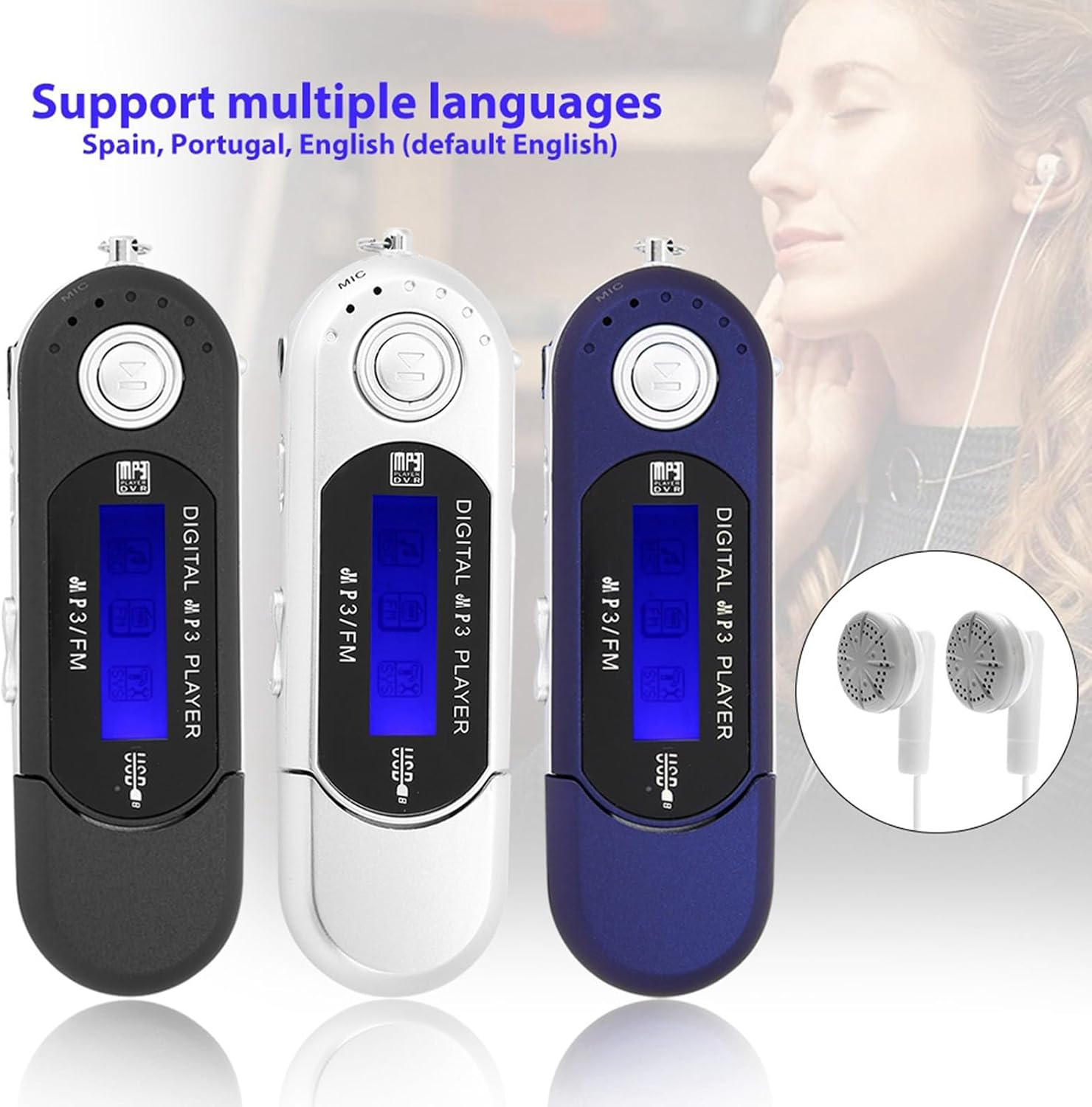 Drei digitale MP3-Player in Schwarz, Weiß und Blau vor dem Hintergrund einer Musik hörenden Frau.