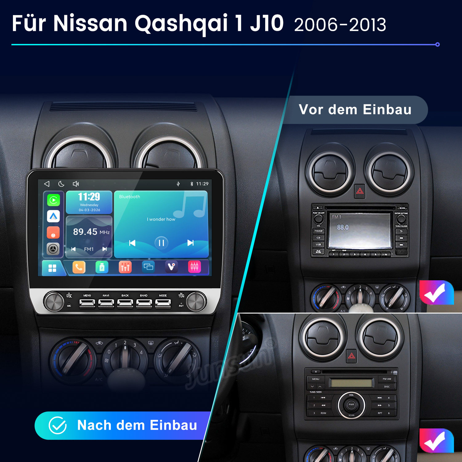 Vorher-Nachher-Vergleich eines Nissan Qashqai Armaturenbretts mit neuem Touchscreen-Audiosystem.