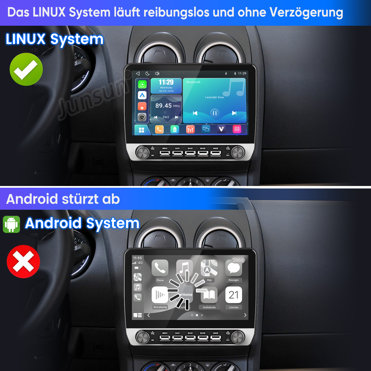 Vergleich eines flüssigen Linux-Autoradios mit einem hängenden Android-System.