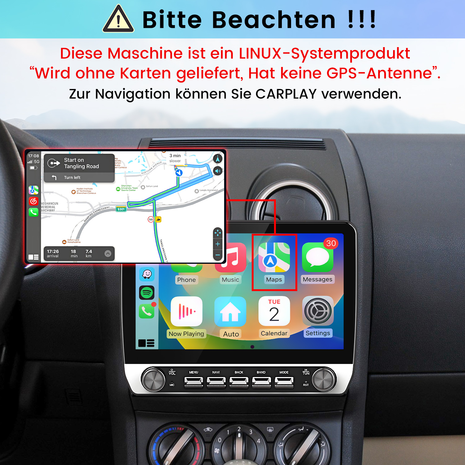 Ein Carplay-Bildschirm in einem Auto zeigt das Hauptmenü und eine vergrößerte Kartenansicht.
