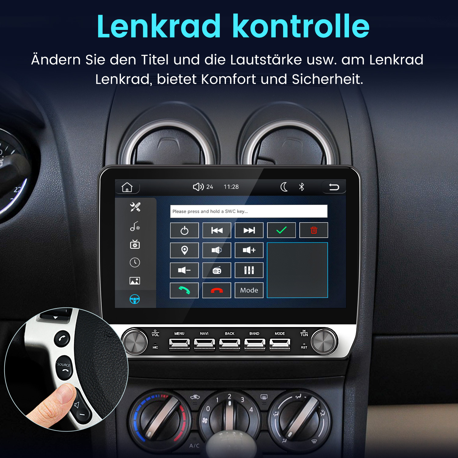 Autoinnenraum mit Touchscreen-Infotainmentsystem und Lenkradtasten-Steuerung.