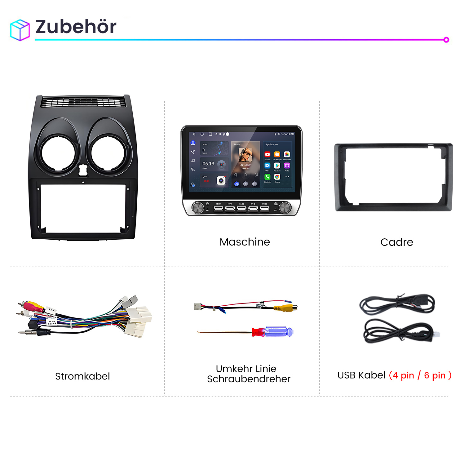 Autoteile-Zubehör wie Dashboard, Bildschirm, Stromkabel, Schraubendreher und USB-Kabel.