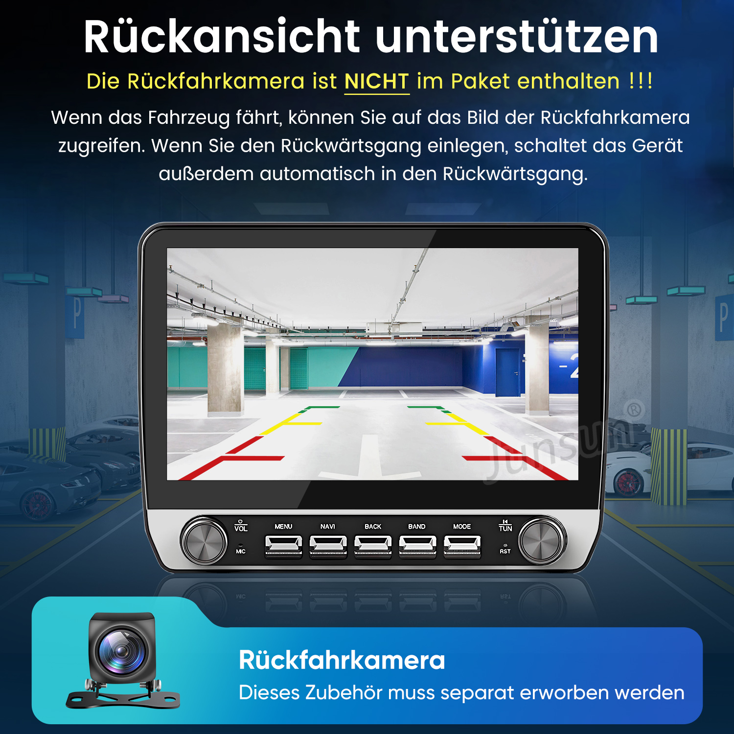 Ein Autoradio-Display zeigt ein Parkhaus mit Rückfahr-Hilfslinien und deutschem Text.