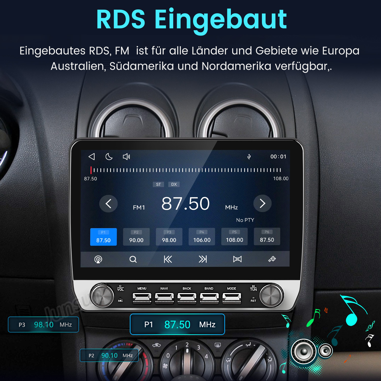 Ein Autoradio-Bildschirm mit FM-Tuner-Schnittstelle, Frequenz 87,50 MHz und Preset-Tasten darunter.