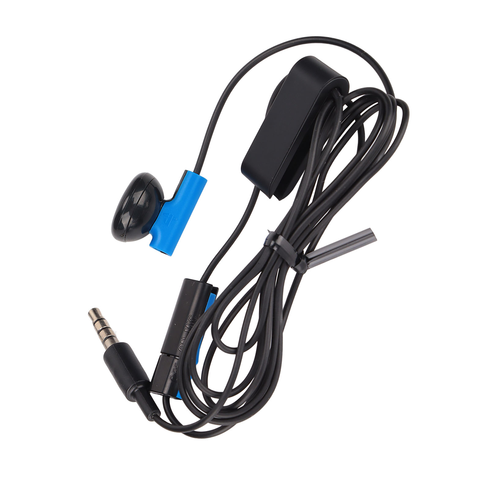 Schwarze und blaue In-Ear-Kopfhörer mit Kabel, Mikrofon und Klinkenstecker auf weißem Hintergrund.