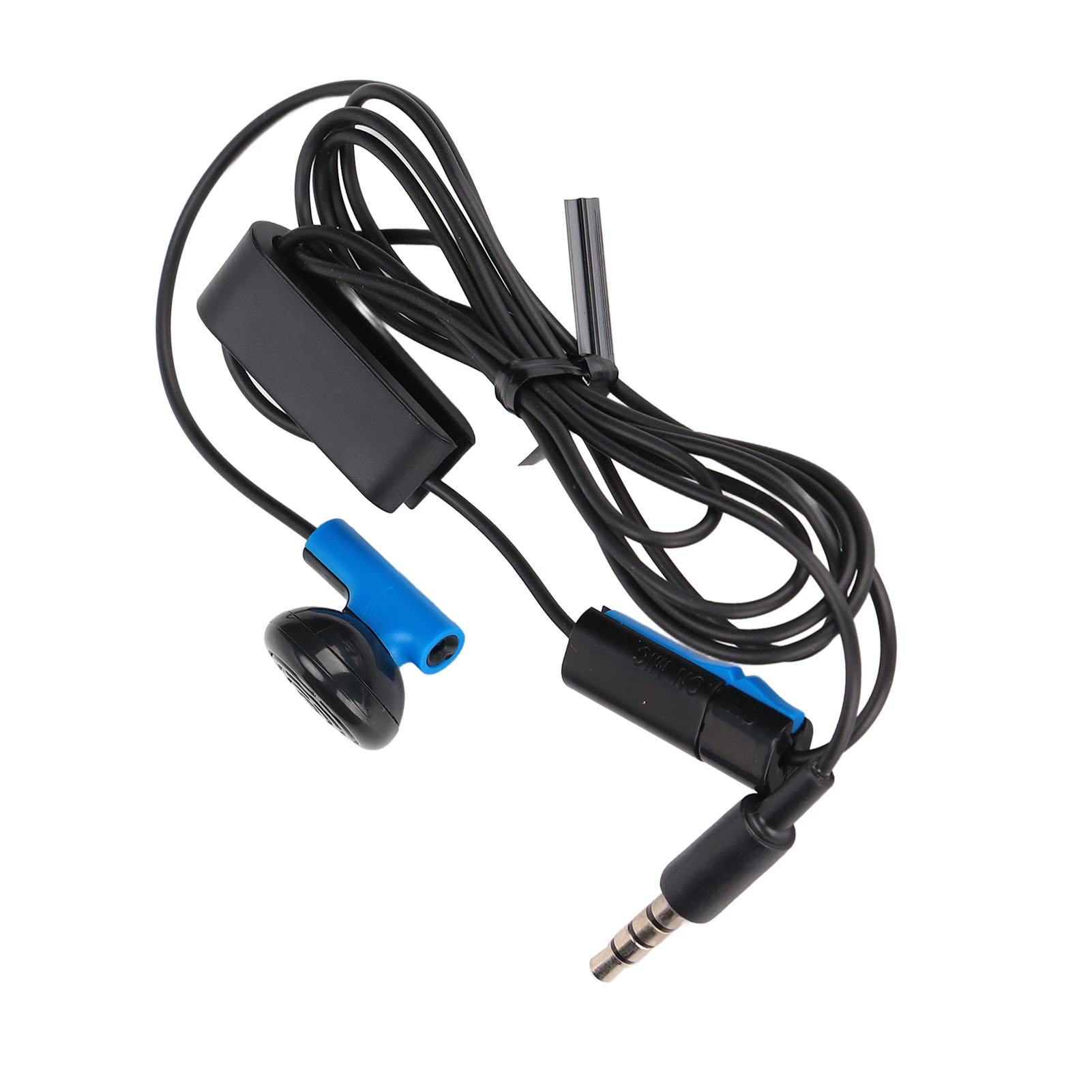 Schwarze und blaue Kopfhörer mit integriertem Mikrofon und 3,5-mm-Klinkenstecker auf weißem Hintergrund.