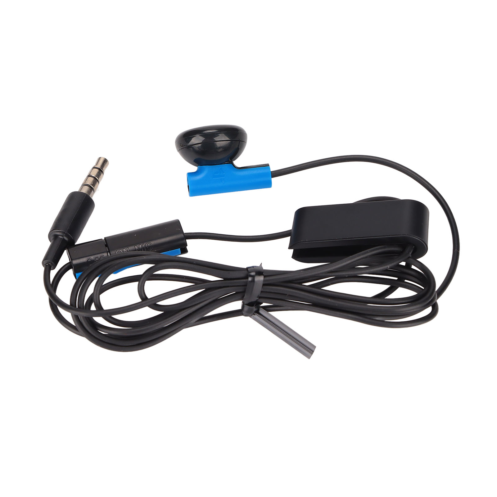 Ein schwarzes Mono-Headset mit blauem Akzent, Inline-Mikrofon, Clip und 3,5-mm-Klinkenstecker auf weißem Hintergrund.