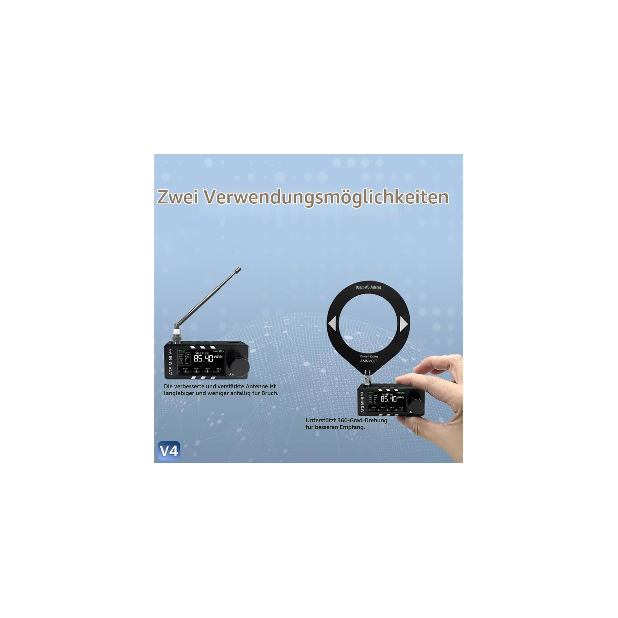 Zwei Verwendungsmoeglichkeiten des ATS Mini V4 Radios mit Teleskopantenne und Ringantenne.