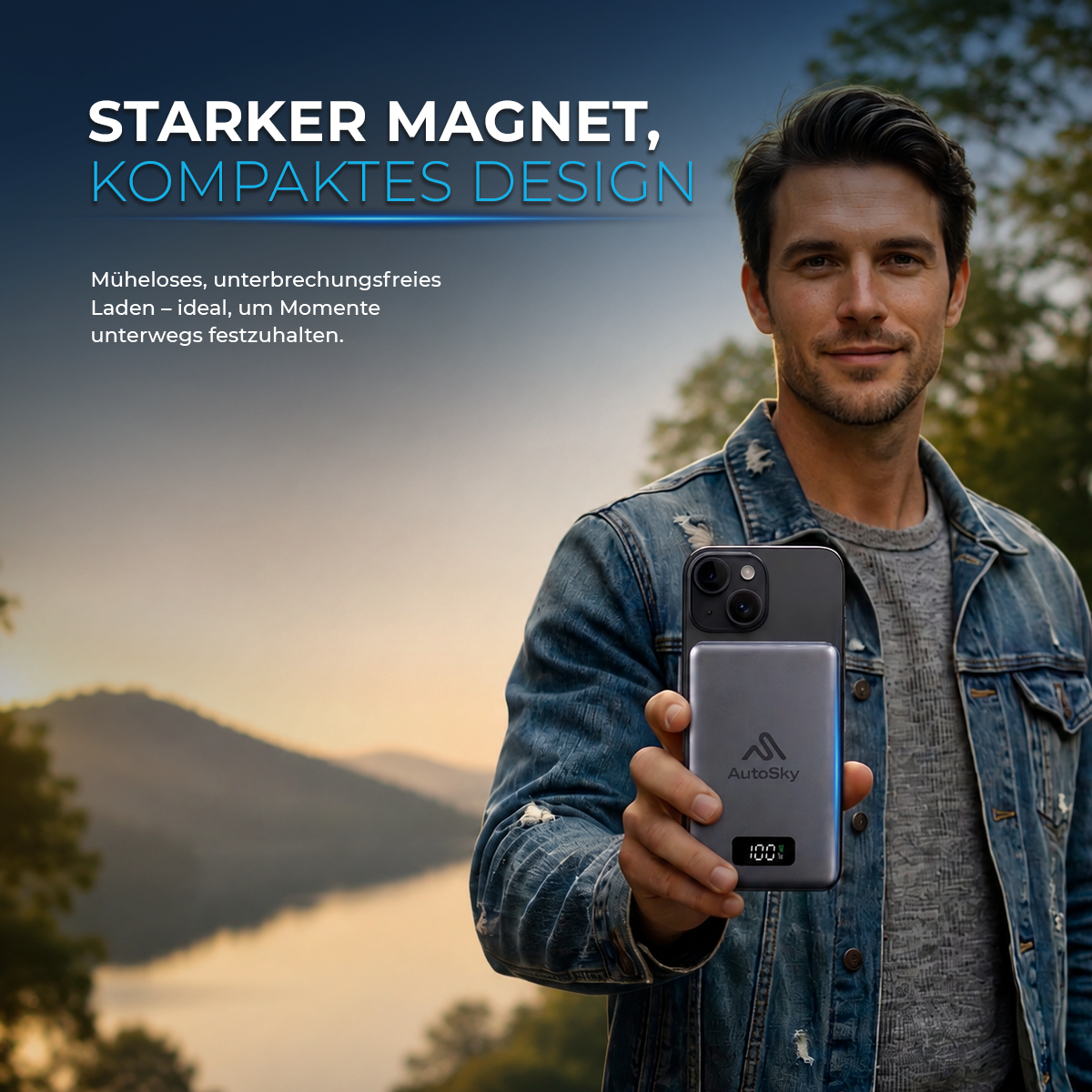 Ein Mann in Jeansjacke hält draußen bei Sonnenuntergang ein Handy mit AutoSky Powerbank.