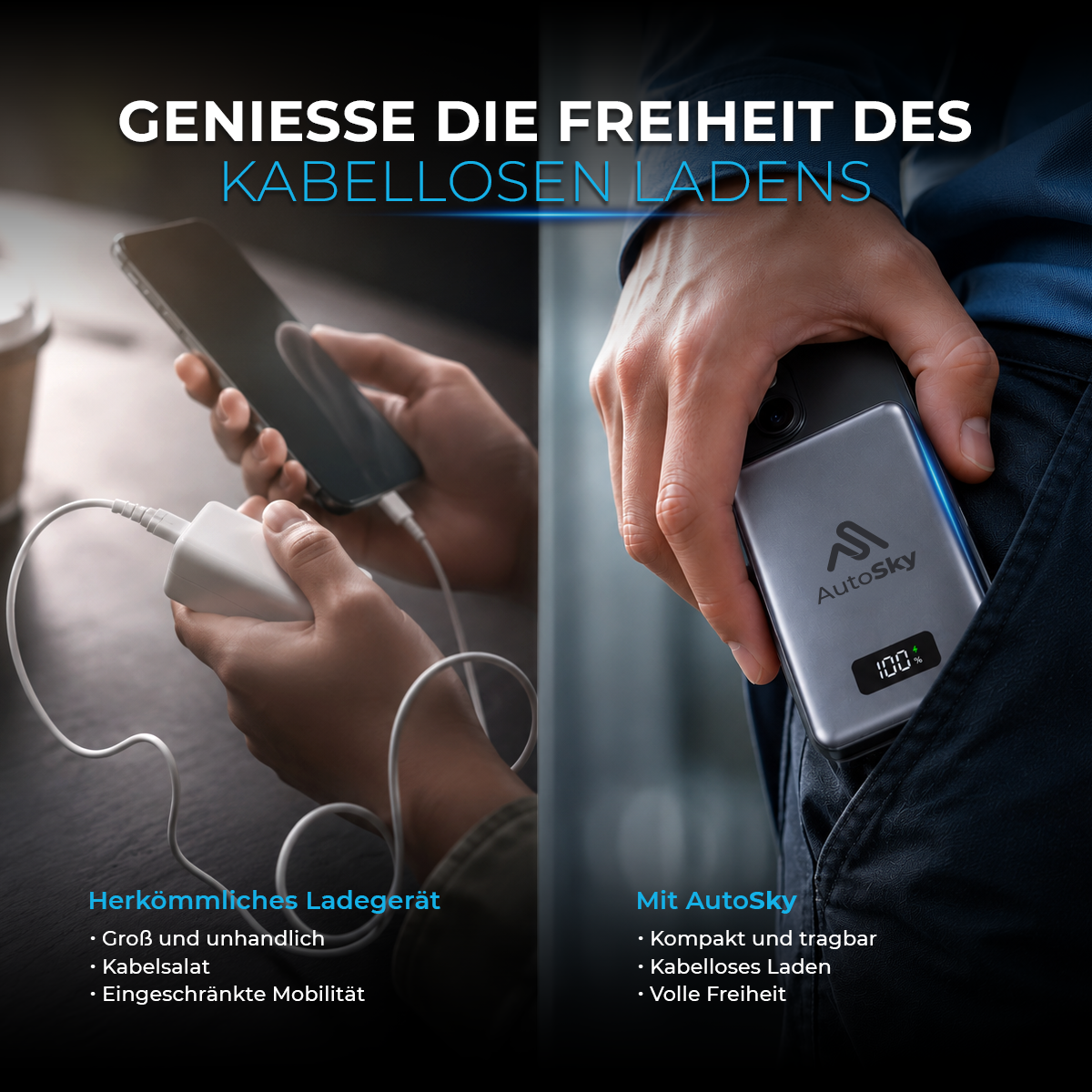 Vergleich von herkömmlichem Laden mit Kabel und dem kabellosen AutoSky Powerbank-Laden.