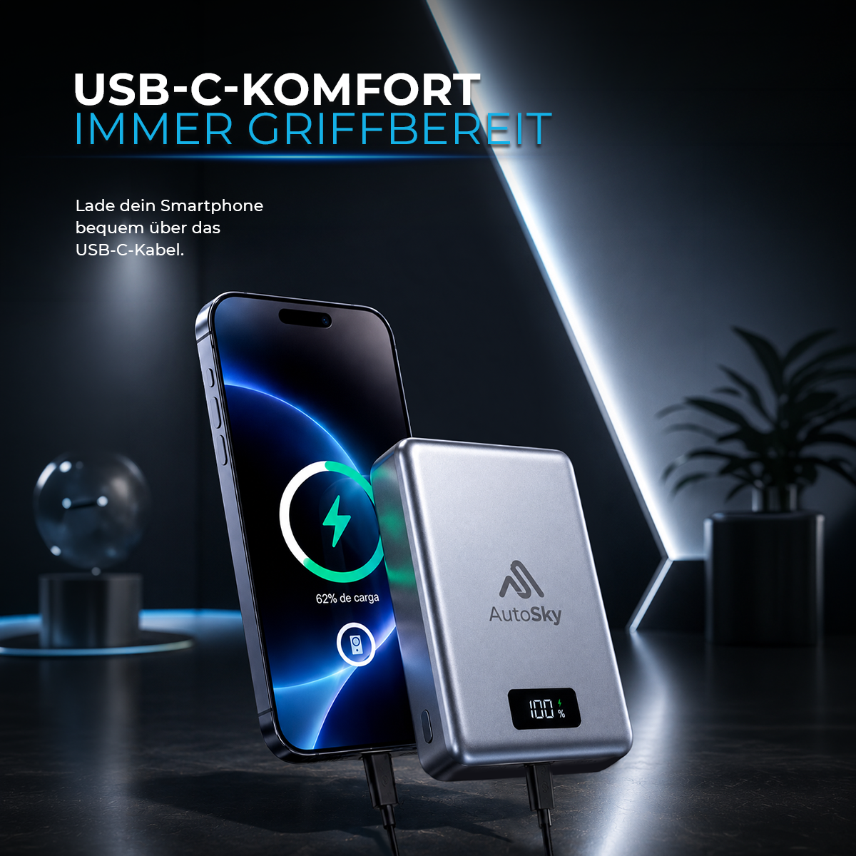 Ein Smartphone und eine AutoSky-Powerbank stehen auf einem glänzenden Tisch in einem modernen Raum.