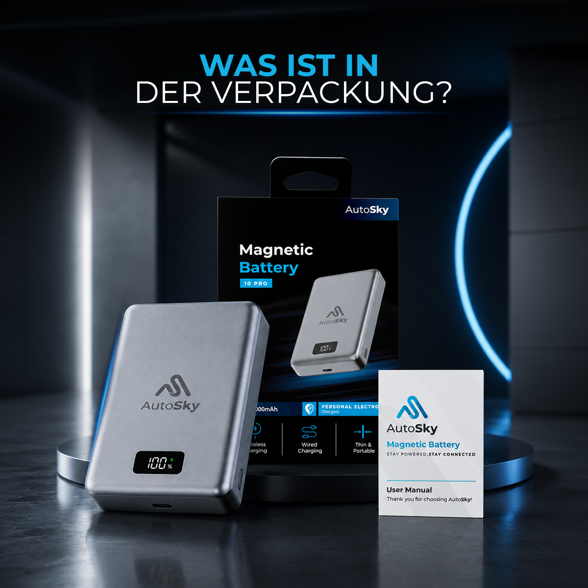 AutoSky MagSafe Powerbank mit Verpackung und Handbuch auf dunklem Tisch.