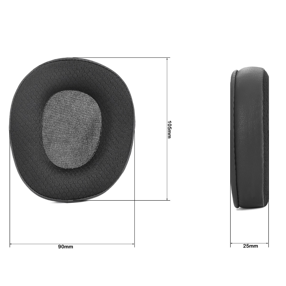 Technische Zeichnung von ovalen Kopfhörer-Ohrpolstern mit Abmessungen von 105mm, 90mm und 25mm auf weißem Hintergrund.