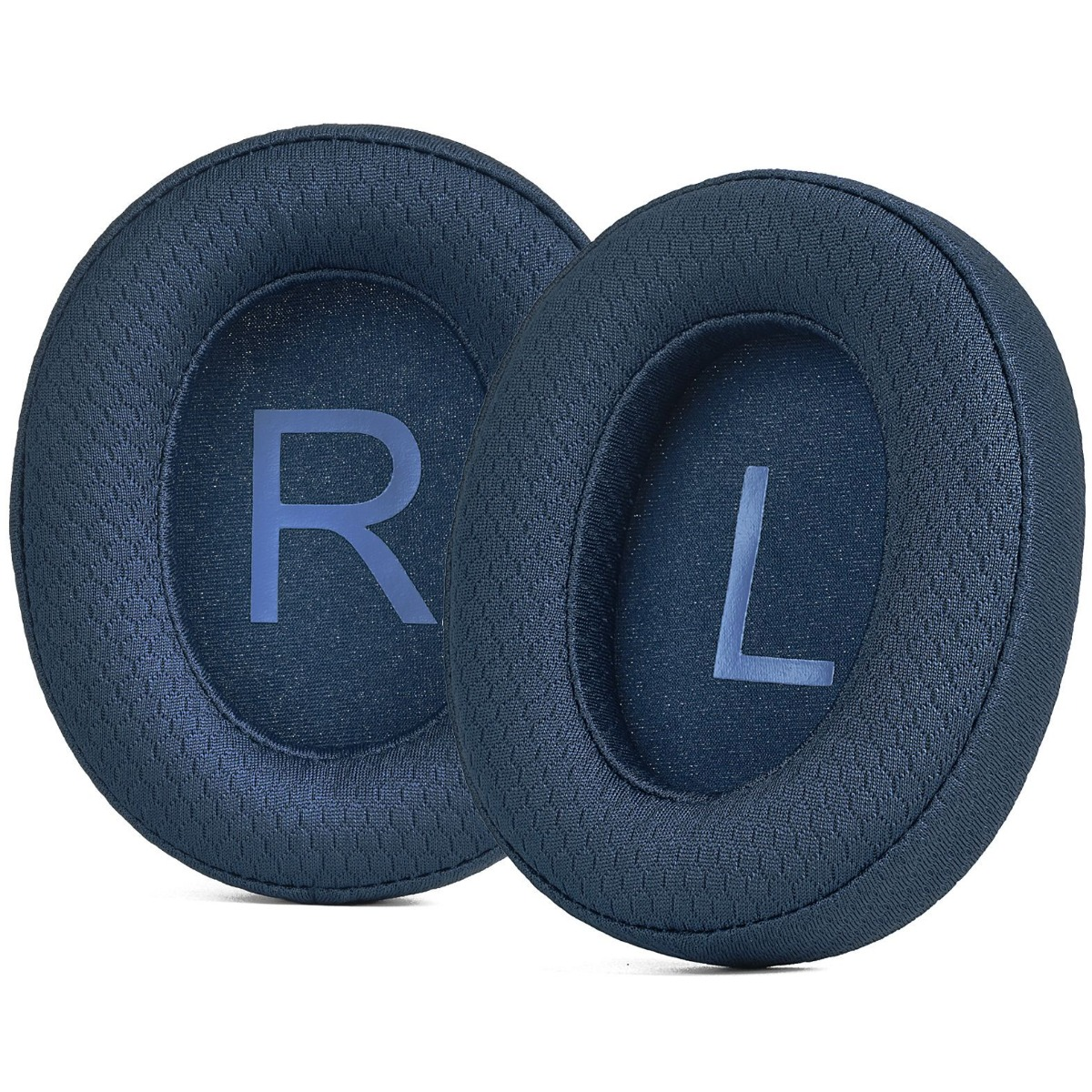 Zwei blaue Kopfhörer-Ohrpolster mit R- und L-Markierungen.