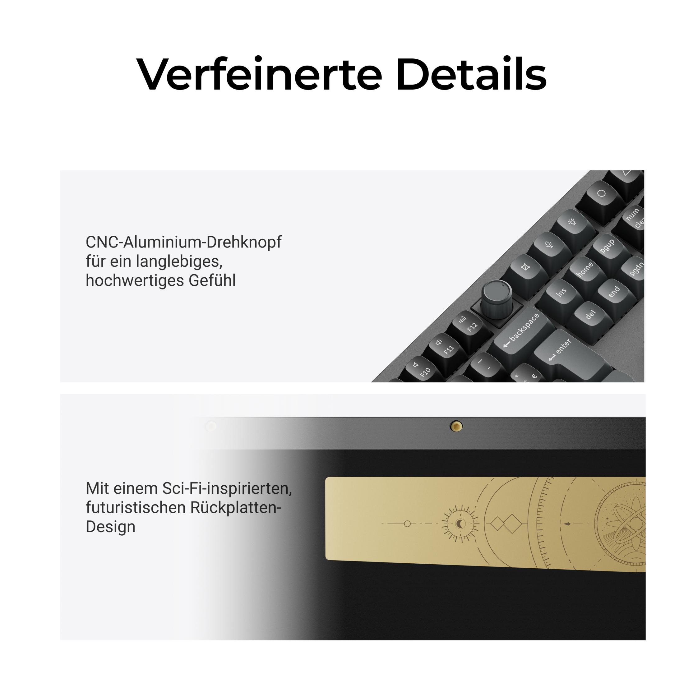 Nahaufnahme einer Tastatur mit Aluminium-Drehknopf und sci-fi-inspiriertem Rückplatondesign.