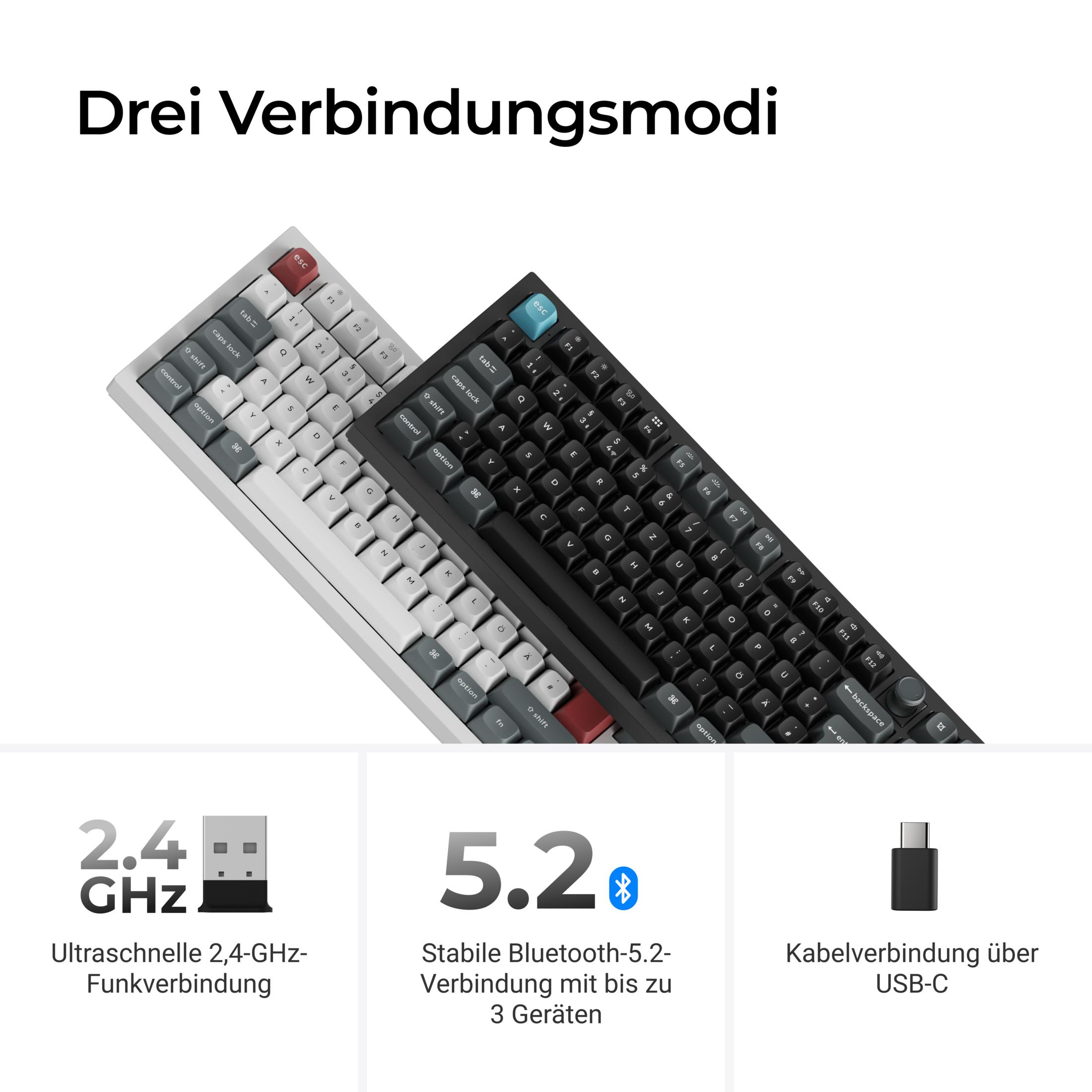 Zwei mechanische Tastaturen in weiß und schwarz mit drei Verbindungsmodi: 2,4 GHz, Bluetooth 5.2 und USB-C.