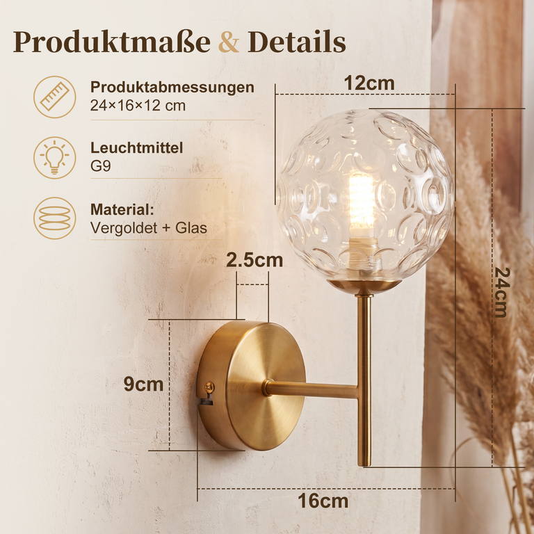 Technische Zeichnung und Details einer goldenen Wandleuchte mit kugelförmigem Glas.