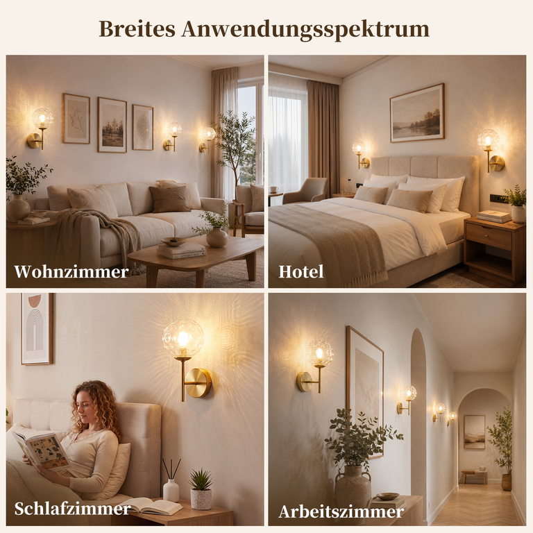 Vier Bilder zeigen moderne Wandlampen in verschiedenen Räumen wie Wohnzimmer, Hotel, Schlafzimmer und Arbeitszimmer.