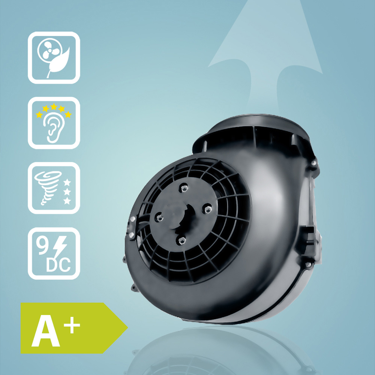 Schwarzer Ventilator auf blauem Hintergrund mit Symbolen und A+ Energieeffizienzlabel.