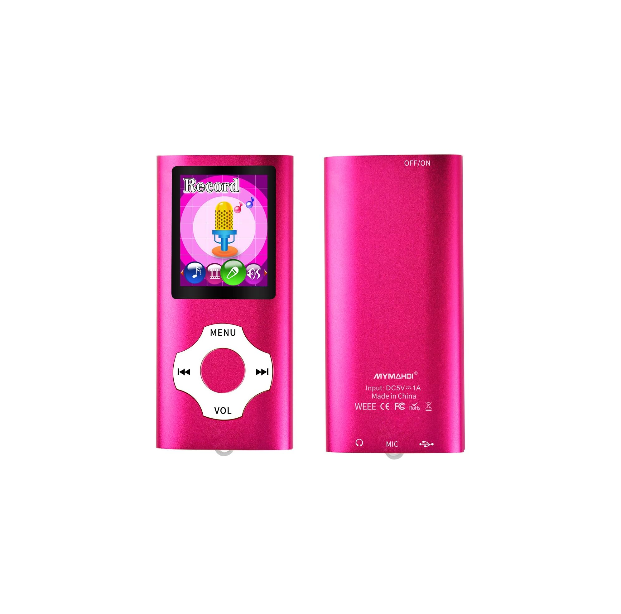Ein pinkfarbener MP3-Player mit Display, runden Tasten und Anschlüssen unten, frontal und rückseitig gezeigt.