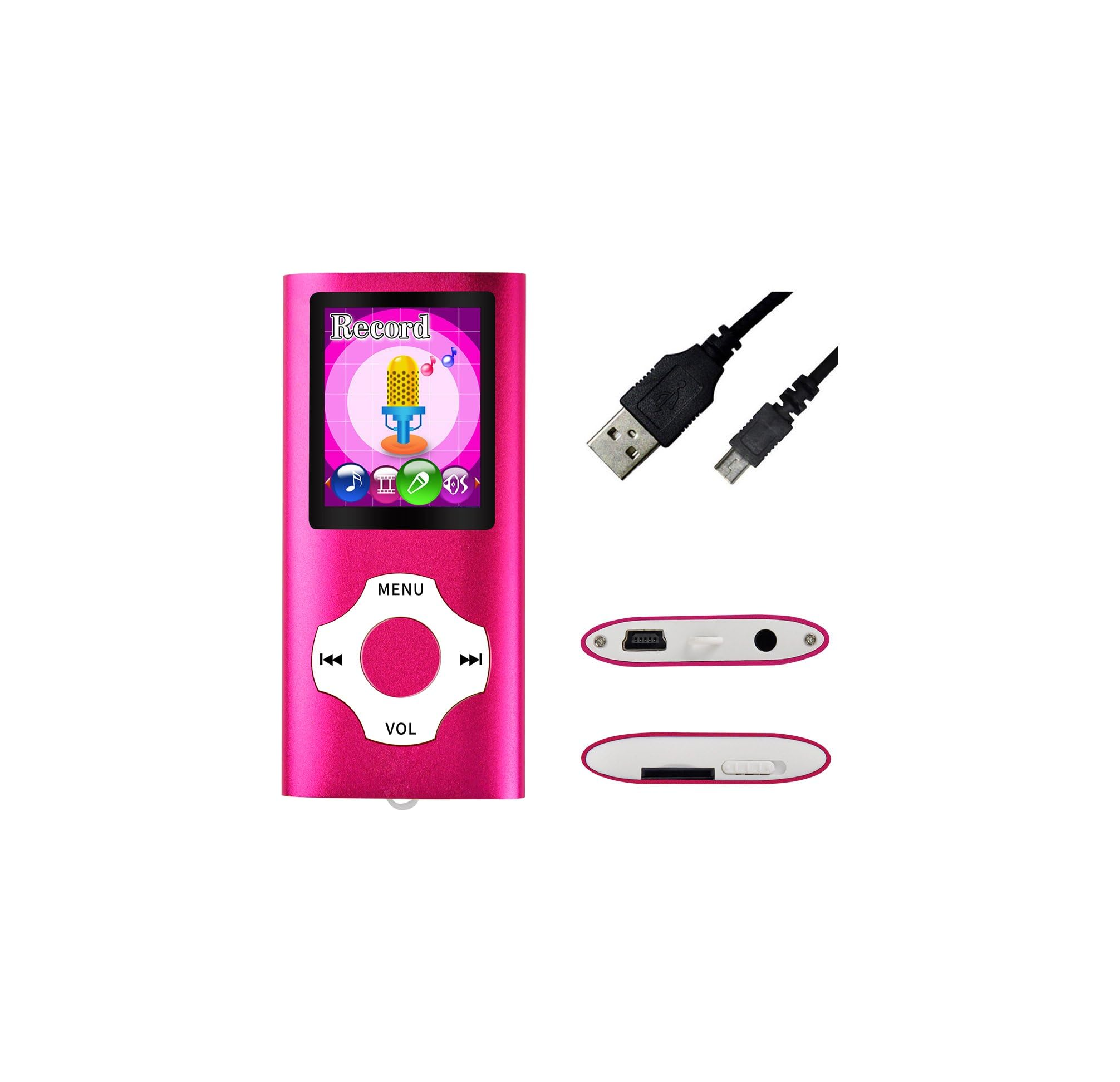 Rosa MP3-Player mit Farbdisplay, runden Bedientasten, USB-Kabel sowie Ansichten der Ober- und Unterseite auf weißem Grund.