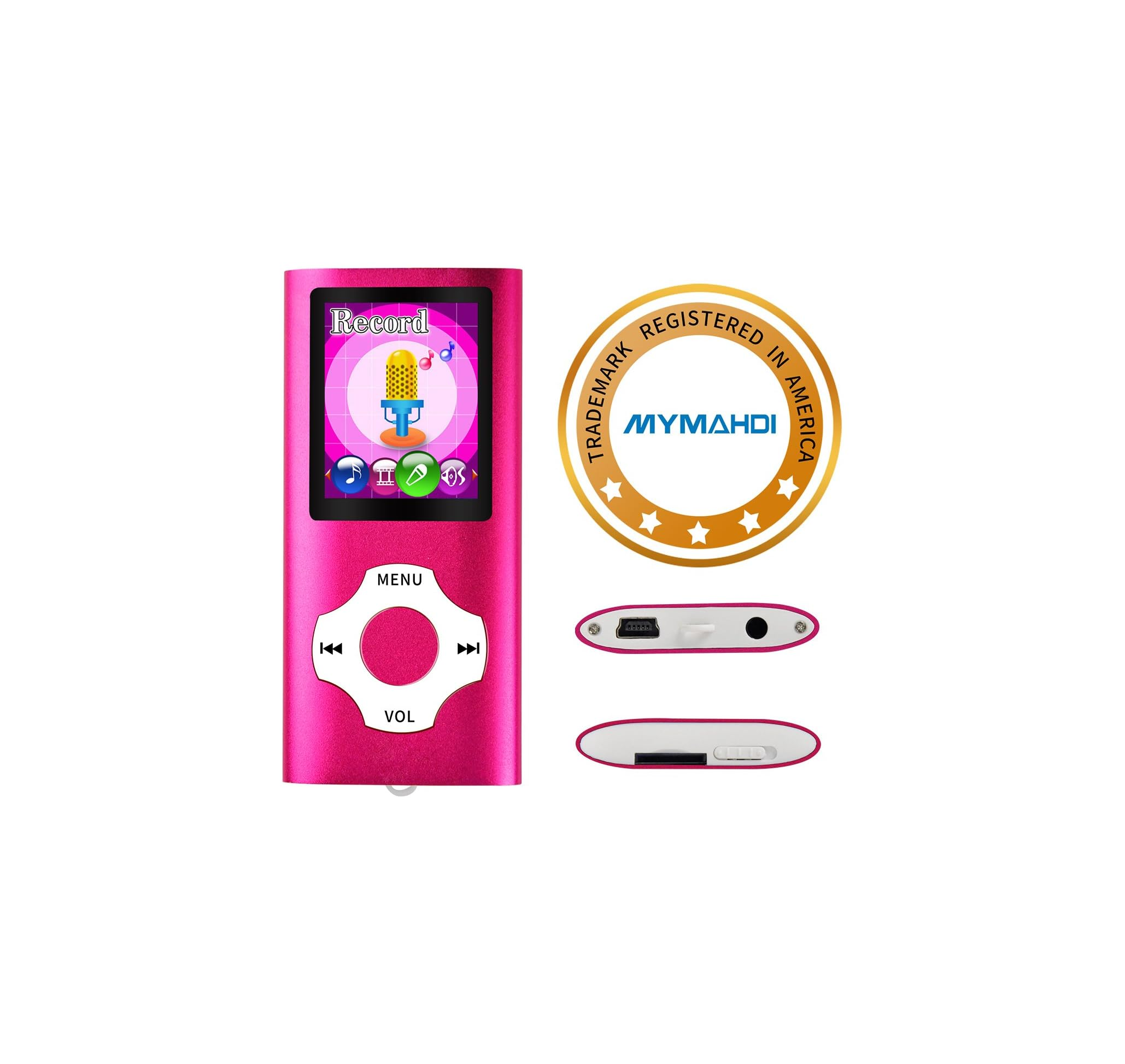 Ein pinkfarbener MP3-Player mit Farbdisplay, Steuertasten und Anschlüssen, begleitet von einem Markensiegel.